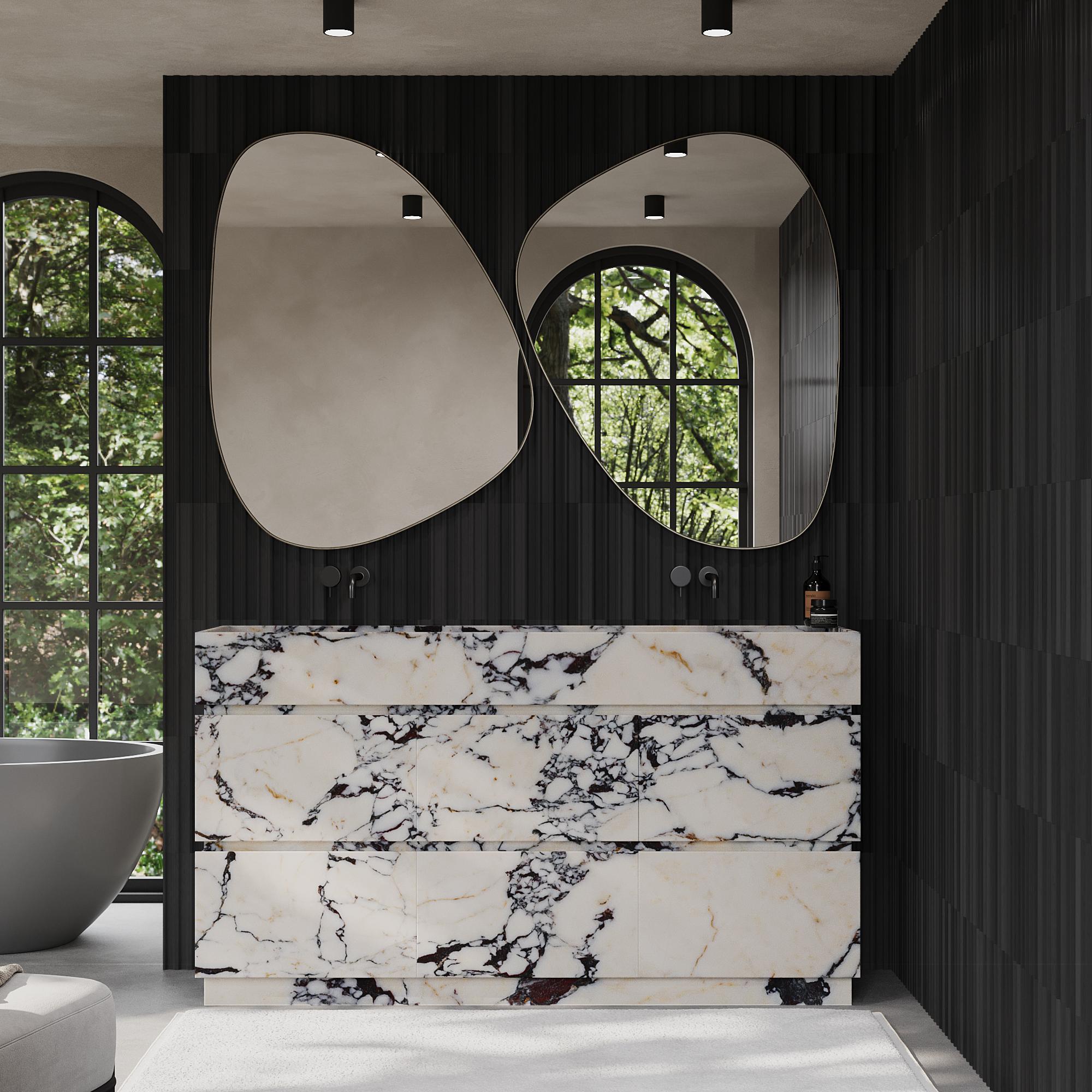 Améliorez votre salle de bain avec notre luxueux meuble-lavabo Orca en marbre à deux vasques, doté d'un magnifique marbre veiné qui ajoute de la profondeur et du caractère à l'esthétique de votre salle de bain. L'extérieur est entièrement fabriqué