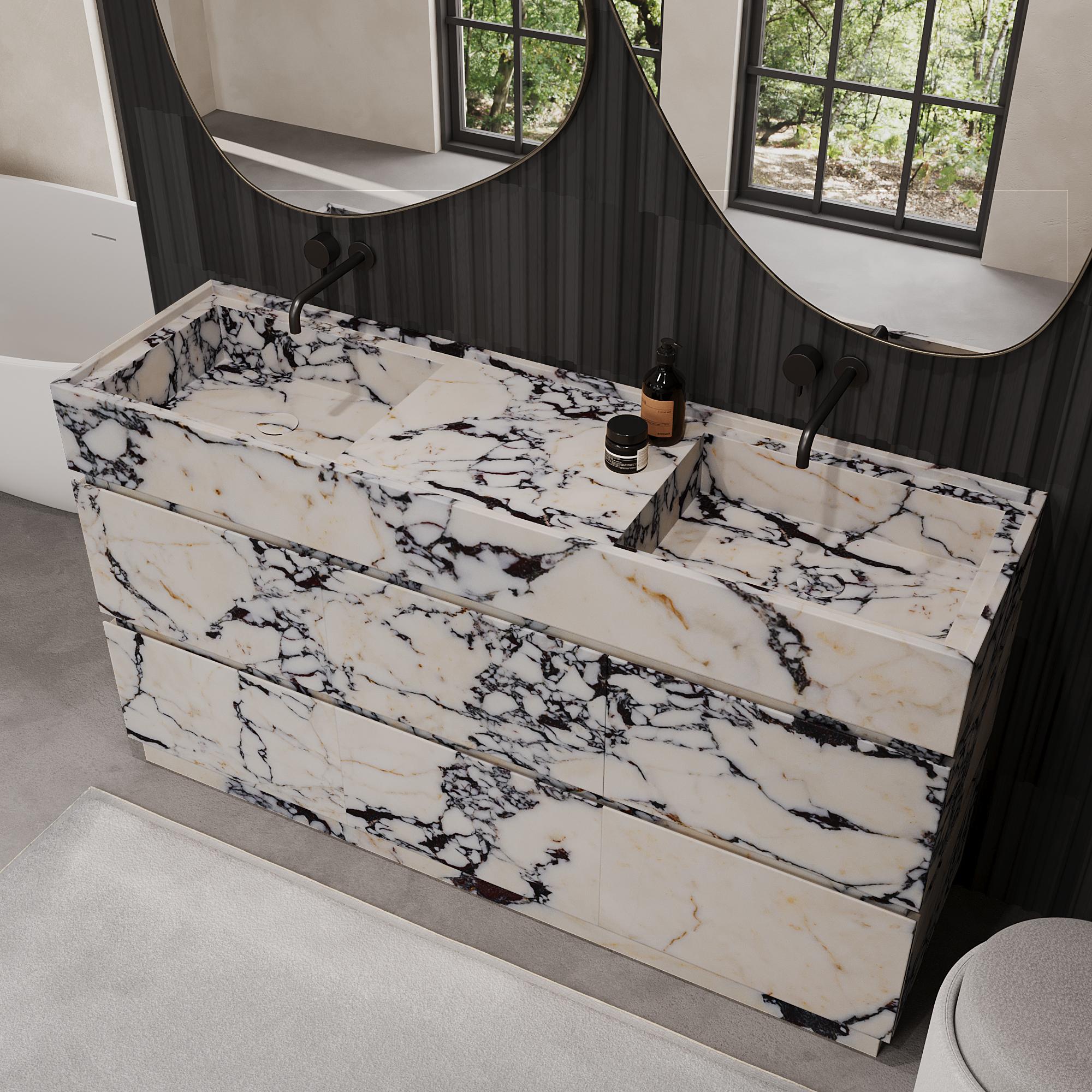Scandinave moderne Coiffeuse de salle de bains Orca à double bassin en marbre Calacatta Viola en vente