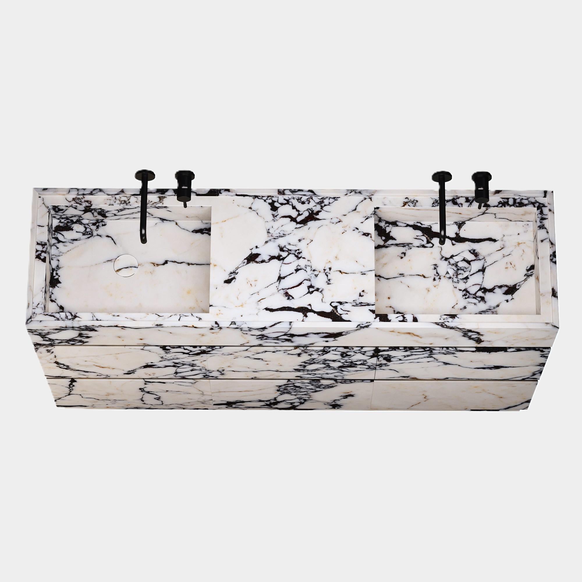 Fait main Coiffeuse de salle de bains Orca à double bassin en marbre Calacatta Viola en vente
