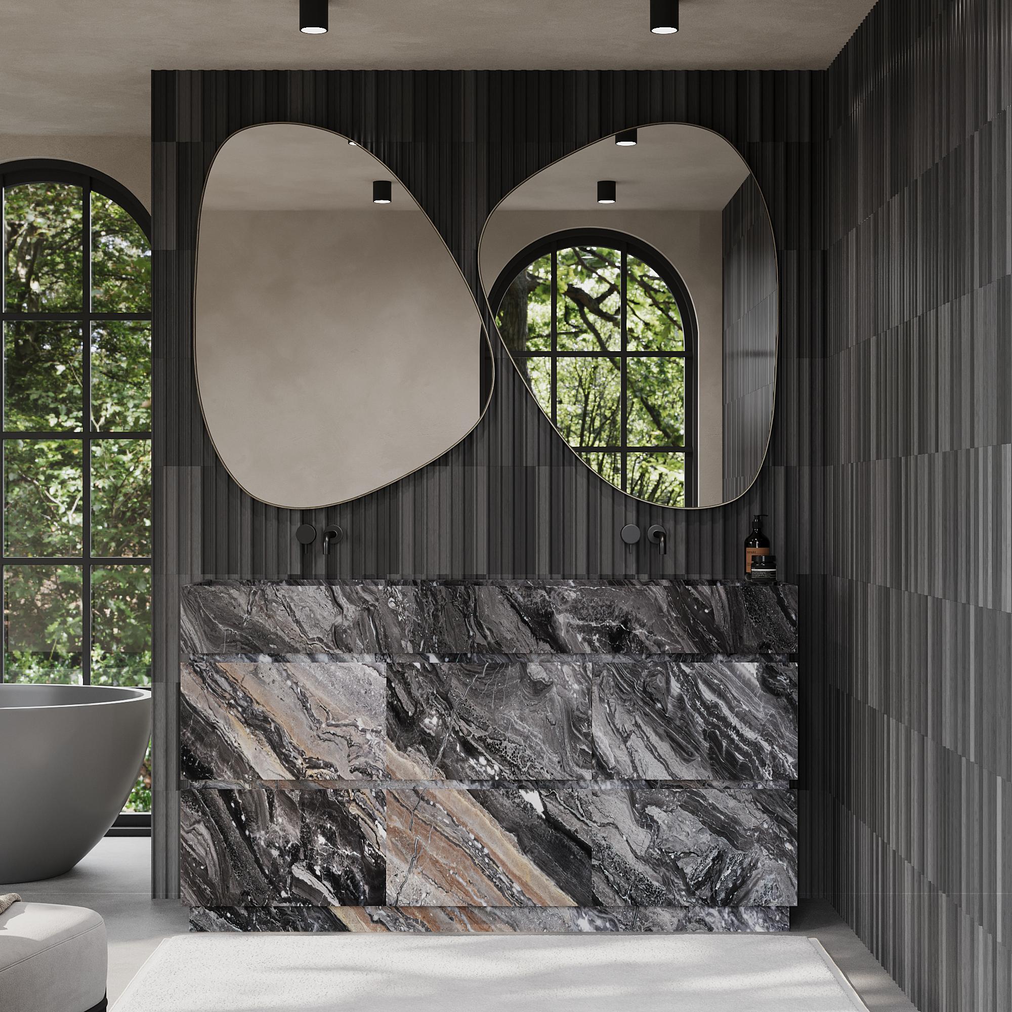 Améliorez votre salle de bain avec notre luxueux meuble-lavabo Orca en marbre à deux vasques, doté d'un magnifique marbre veiné qui ajoute de la profondeur et du caractère à l'esthétique de votre salle de bain. L'extérieur est entièrement fabriqué
