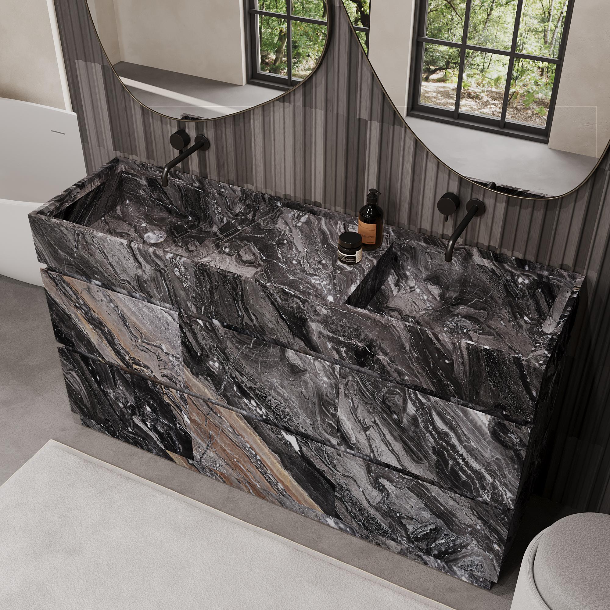 Scandinave moderne Orca - Coiffeuse de salle de bains à double bassin en marbre gris Galaxy en vente