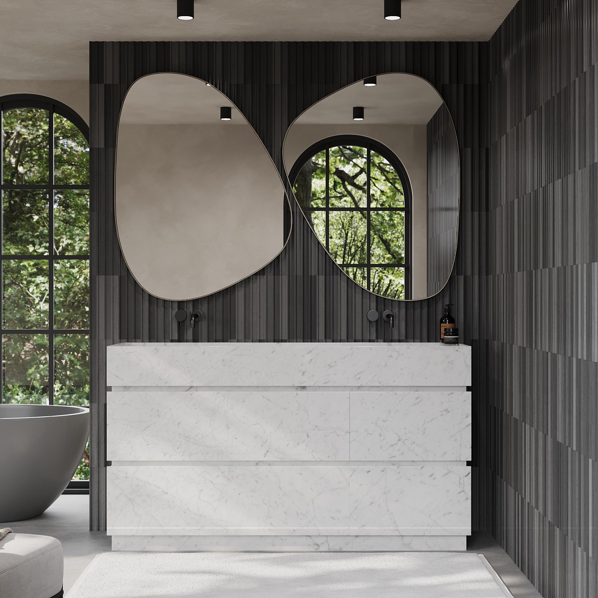 Verschönern Sie Ihr Badezimmer mit unserem luxuriösen Orca Marmor-Badezimmerwaschtisch mit zwei Waschbecken. Der schöne geäderte Marmor verleiht Ihrem Badezimmer Tiefe und Charakter. Das Äußere ist komplett aus hochwertigem Marmor gefertigt, während