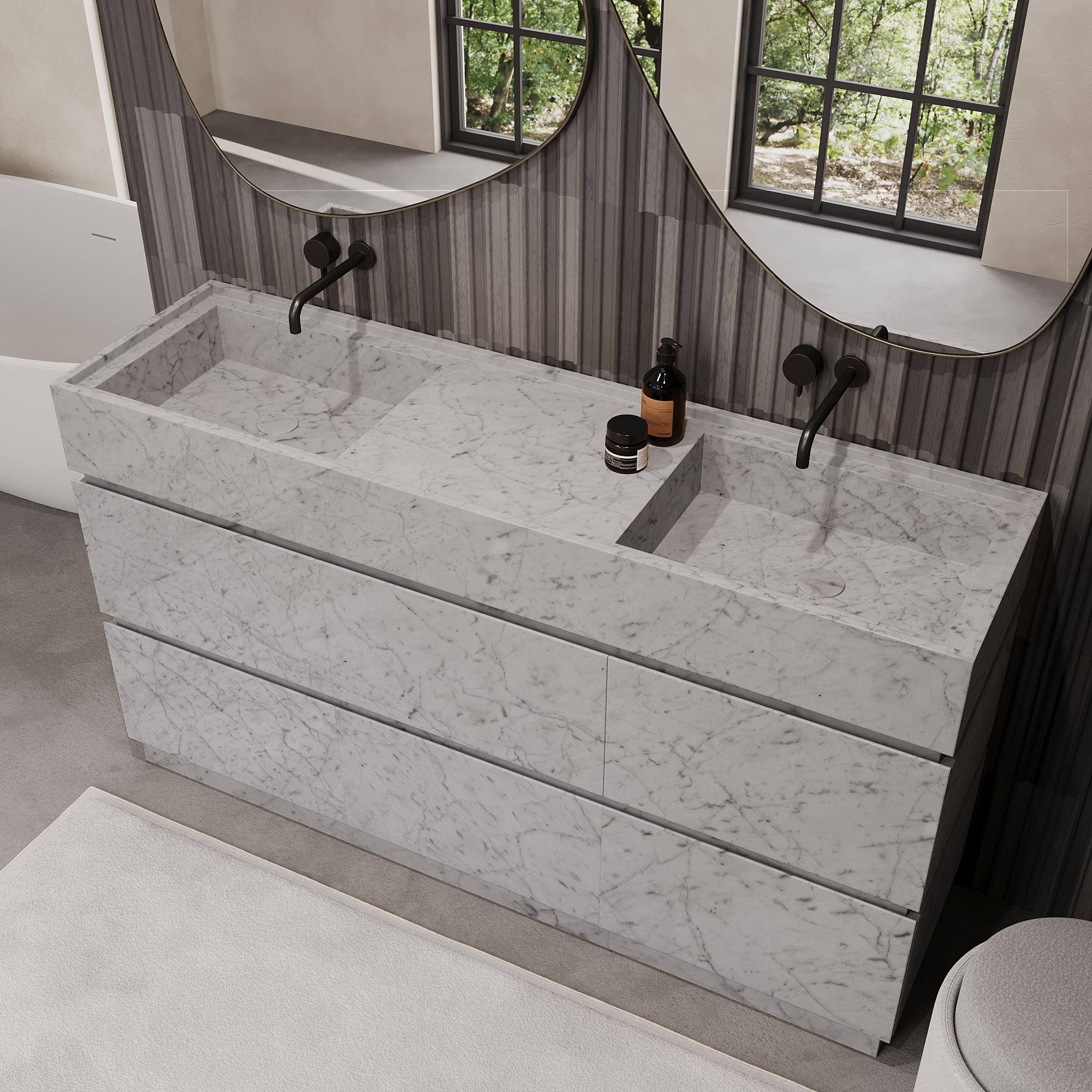 Orca - Double Basin Marmor-Badschminktisch für das Badezimmer - Weiß Carrara (Skandinavische Moderne) im Angebot