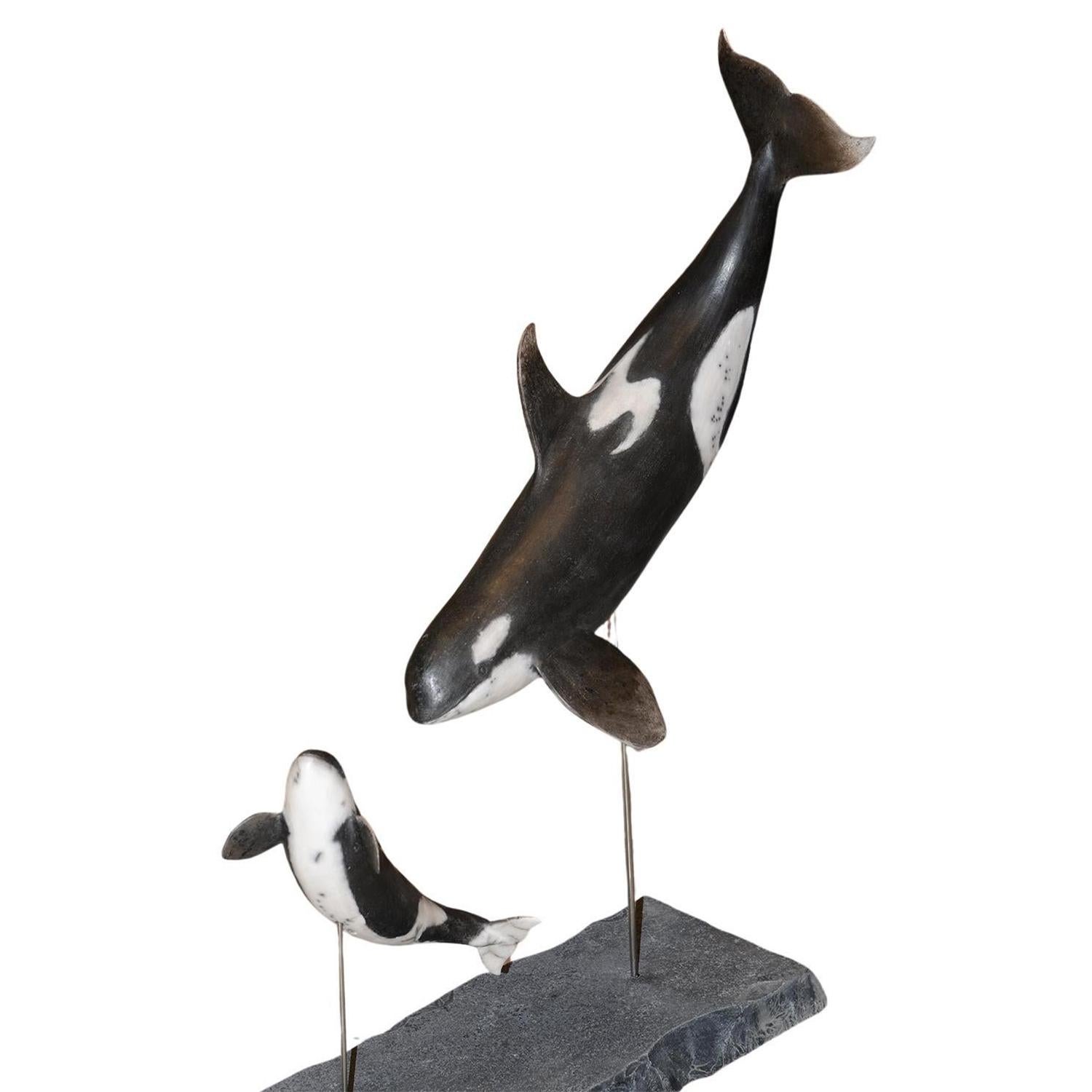 French Orcas Sculpture in Raku on base For Sale