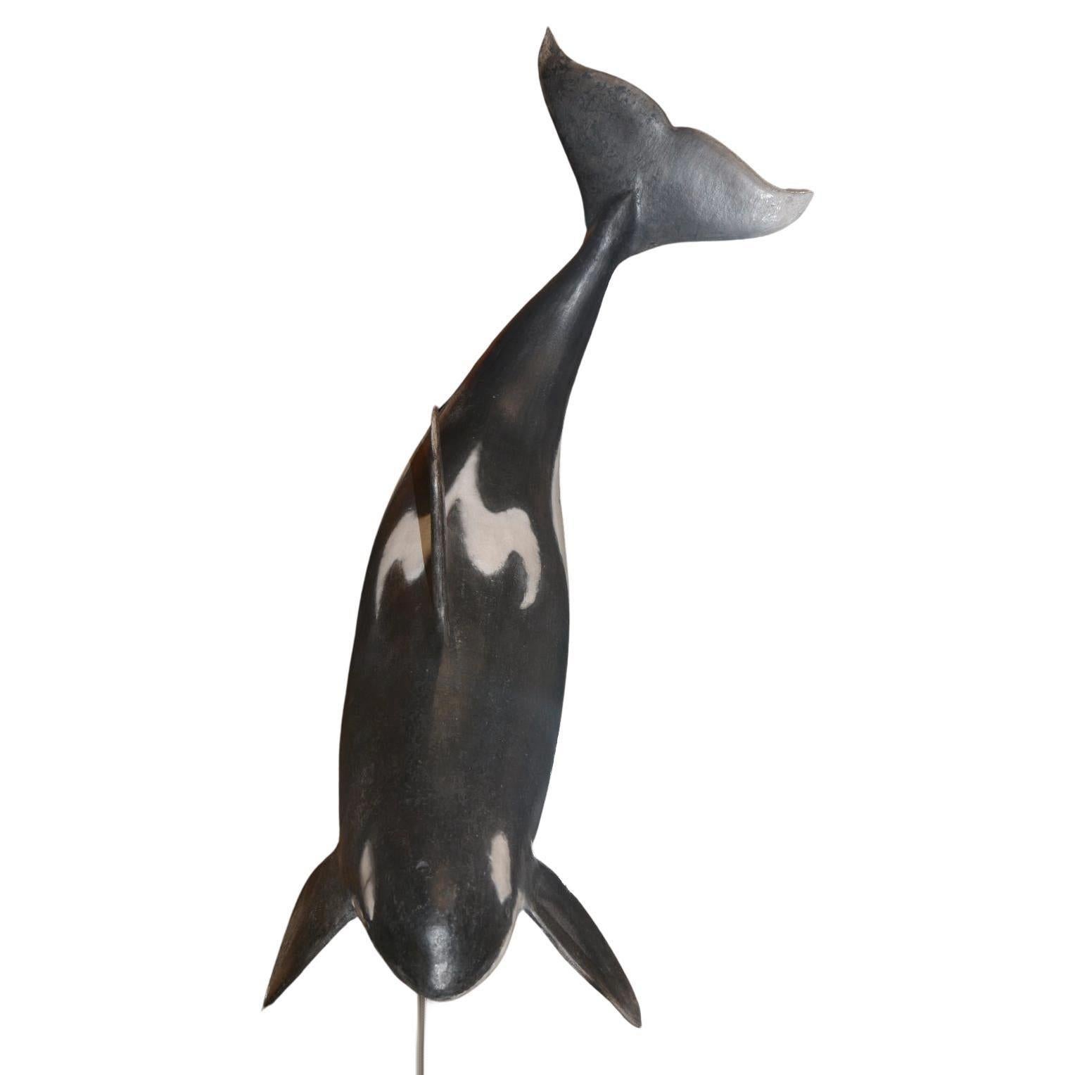 French Orcas Sculpture in Raku on base For Sale