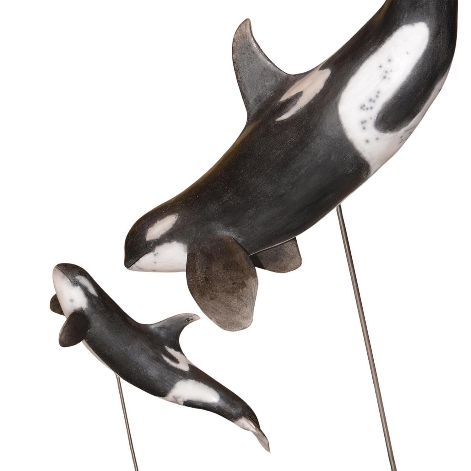 Hand-Crafted Orcas Sculpture in Raku on base For Sale