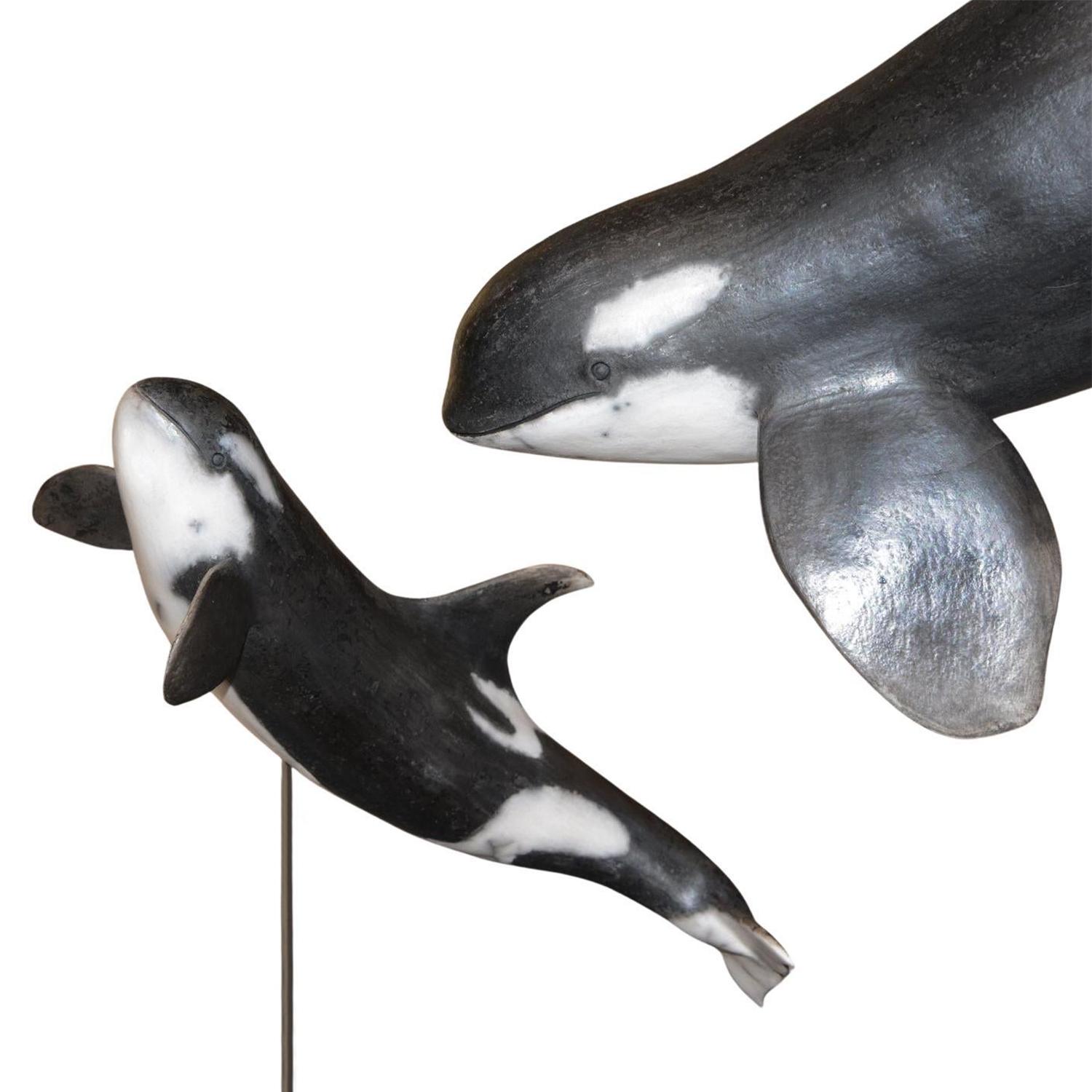 Orcas Sculpture in Raku on base For Sale 1