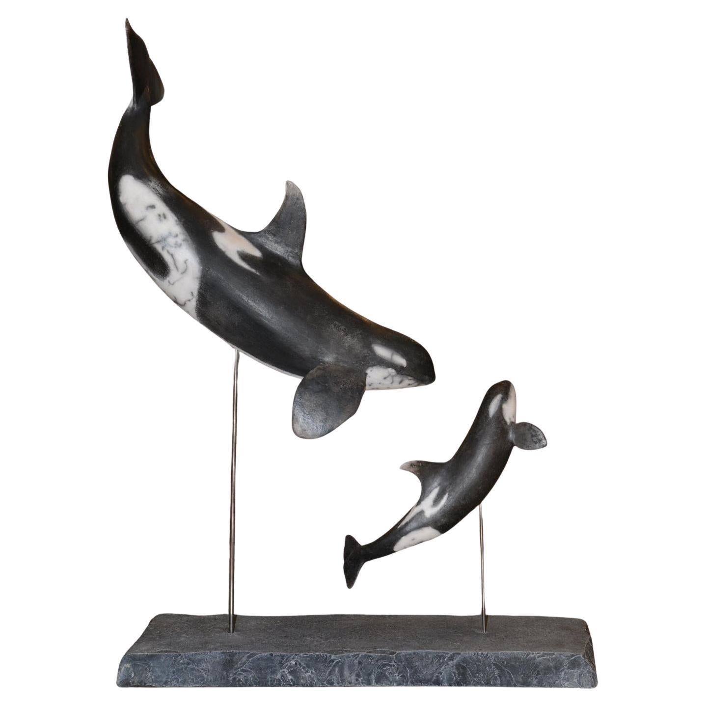 Orcas Sculpture in Raku on base For Sale