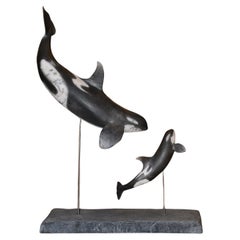 Orcas Sculpture in Raku on base