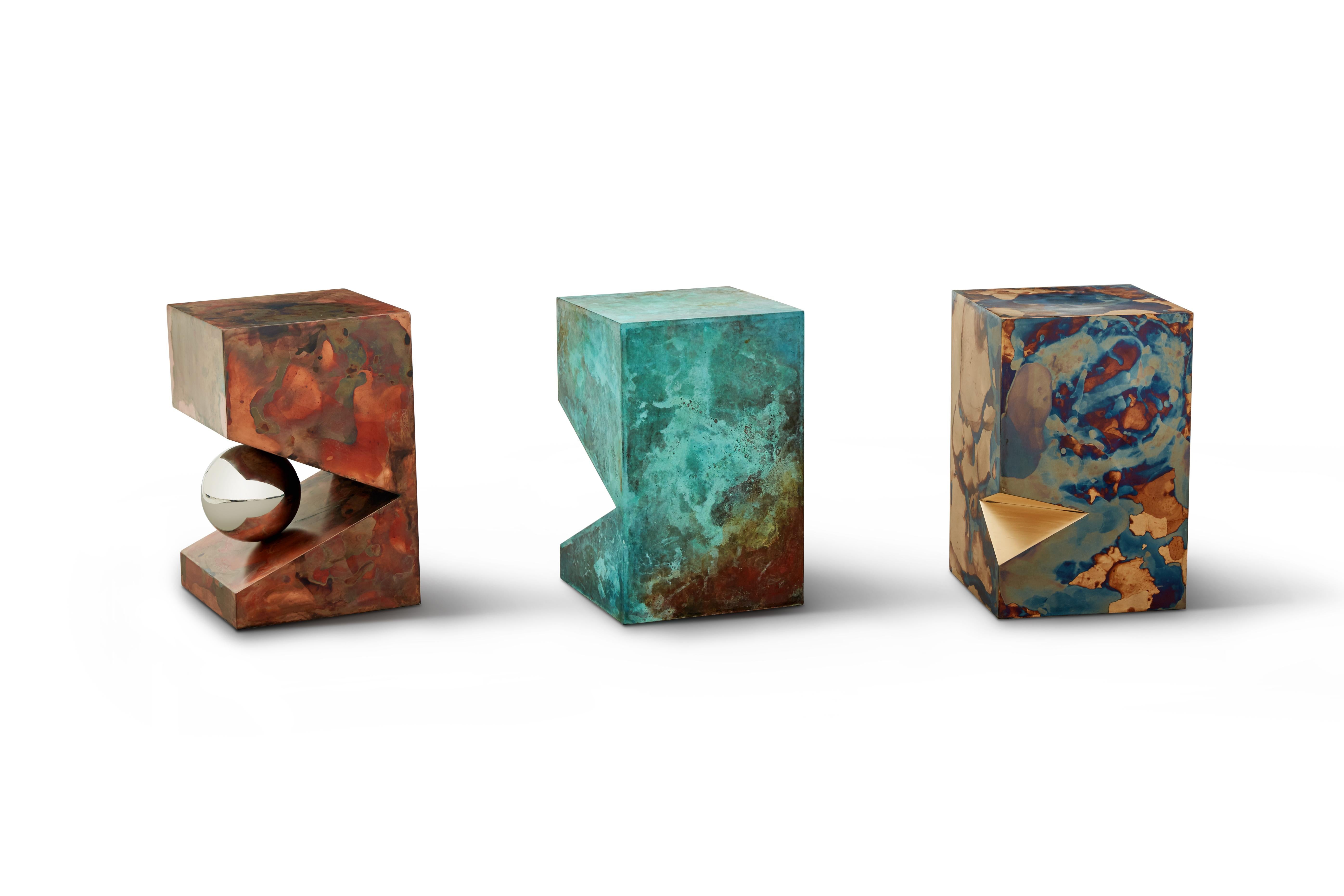 The colorful stool/side table is designed and made by artist Daishi Luo (Shanghai, China). It is fully customizable in size and color. 

Spontaneous growth of copper is the latest series in Daishi's Bio-design programs. She uses a comprehensive