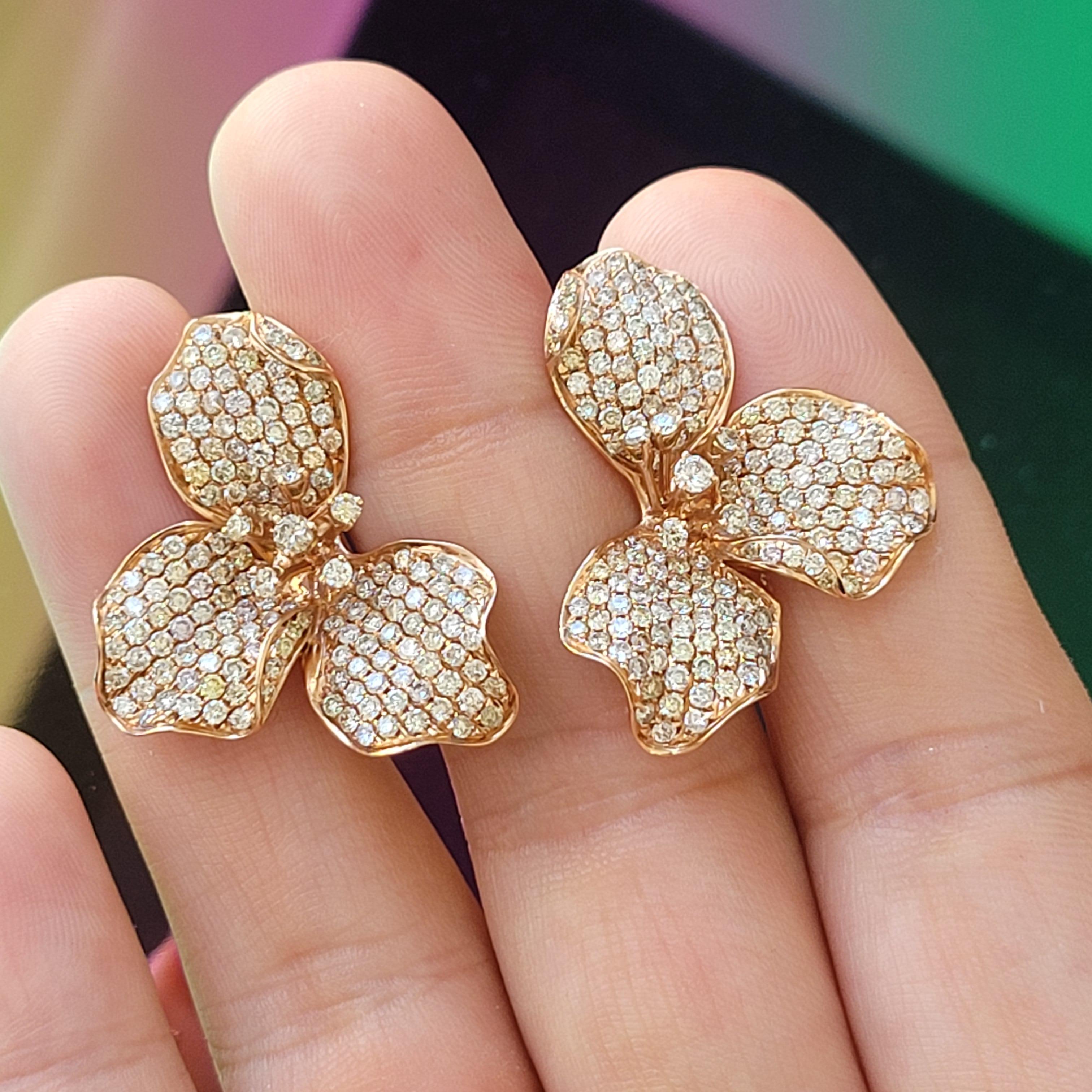 Orchid 18K Rose Gold Earrings with White and Fancy Diamonds, Unique Technique For Sale 4