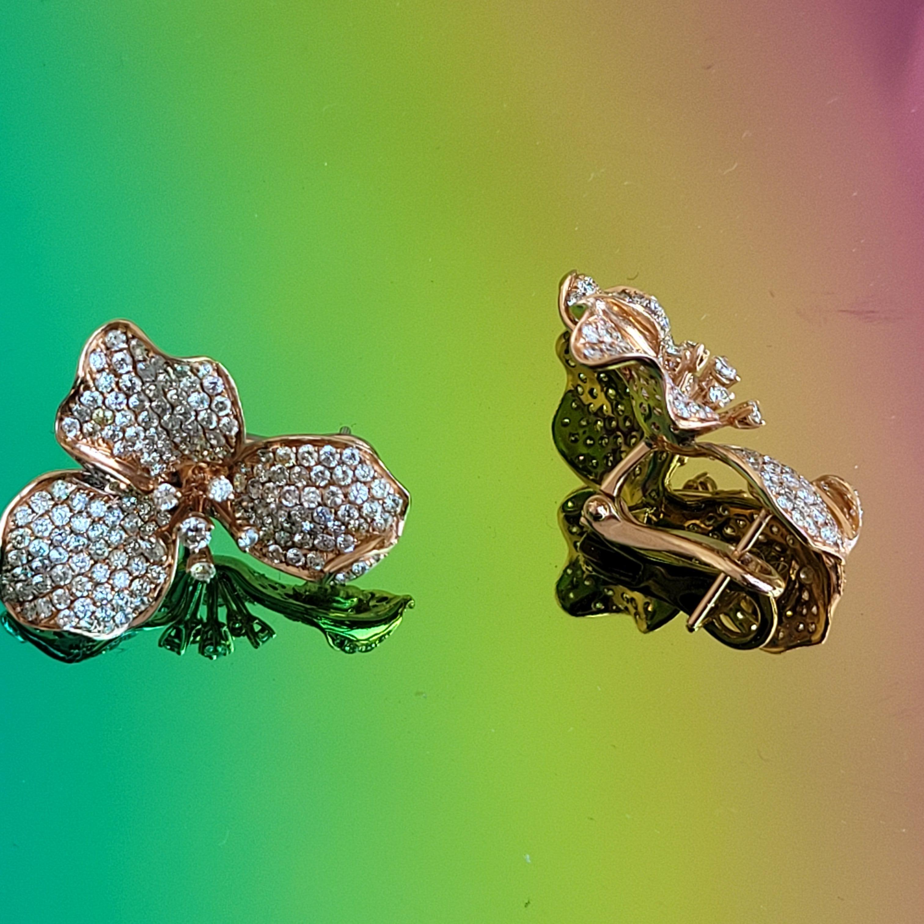 Orchidee-Ohrringe aus 18 Karat Roségold mit weißen und ausgefallenen Diamanten, einzigartige Technik im Angebot 7