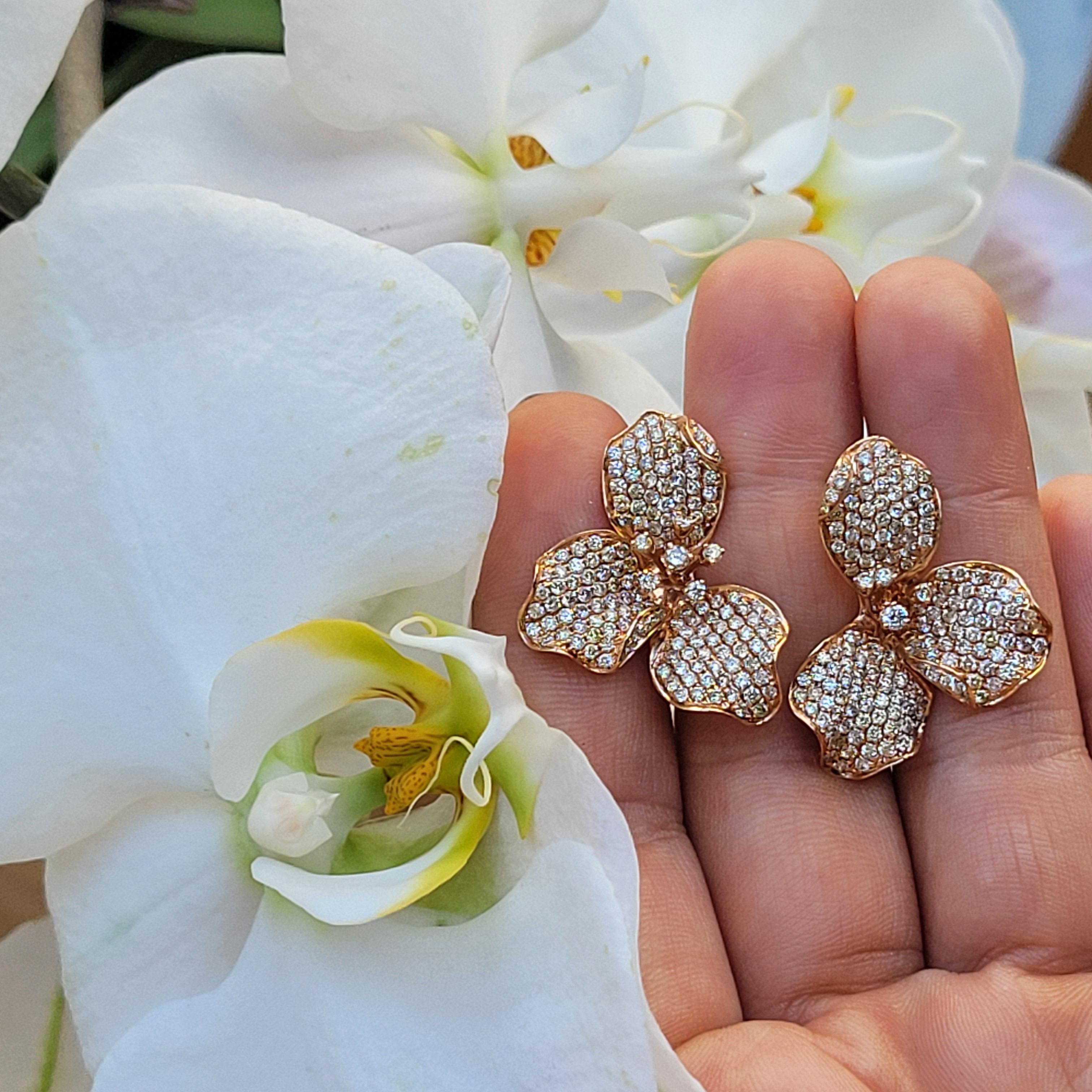 Orchid 18K Rose Gold Earrings with White and Fancy Diamonds, Unique Technique For Sale 7