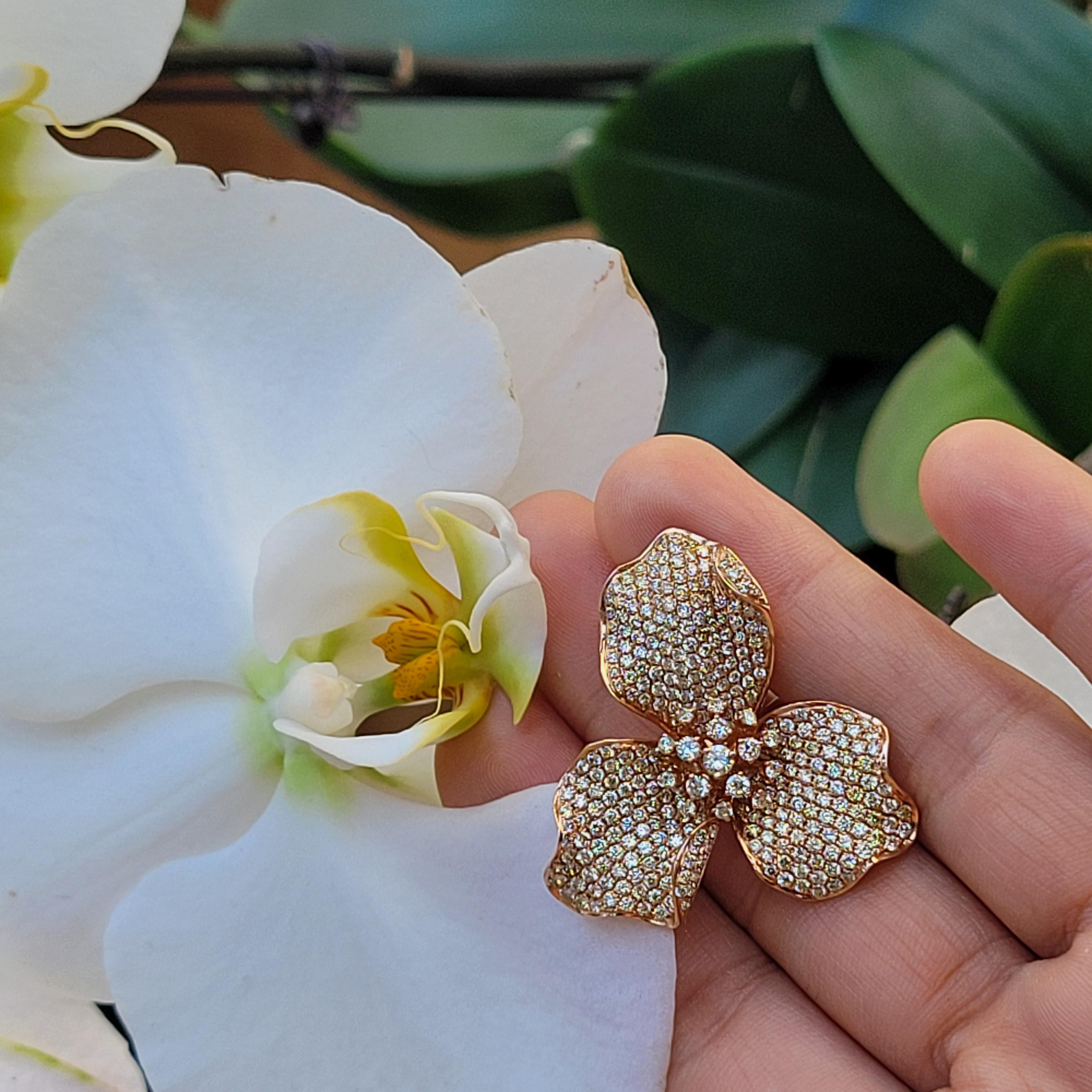 Women's Orchid 18K Rose Gold Earrings with White and Fancy Diamonds, Unique Technique For Sale