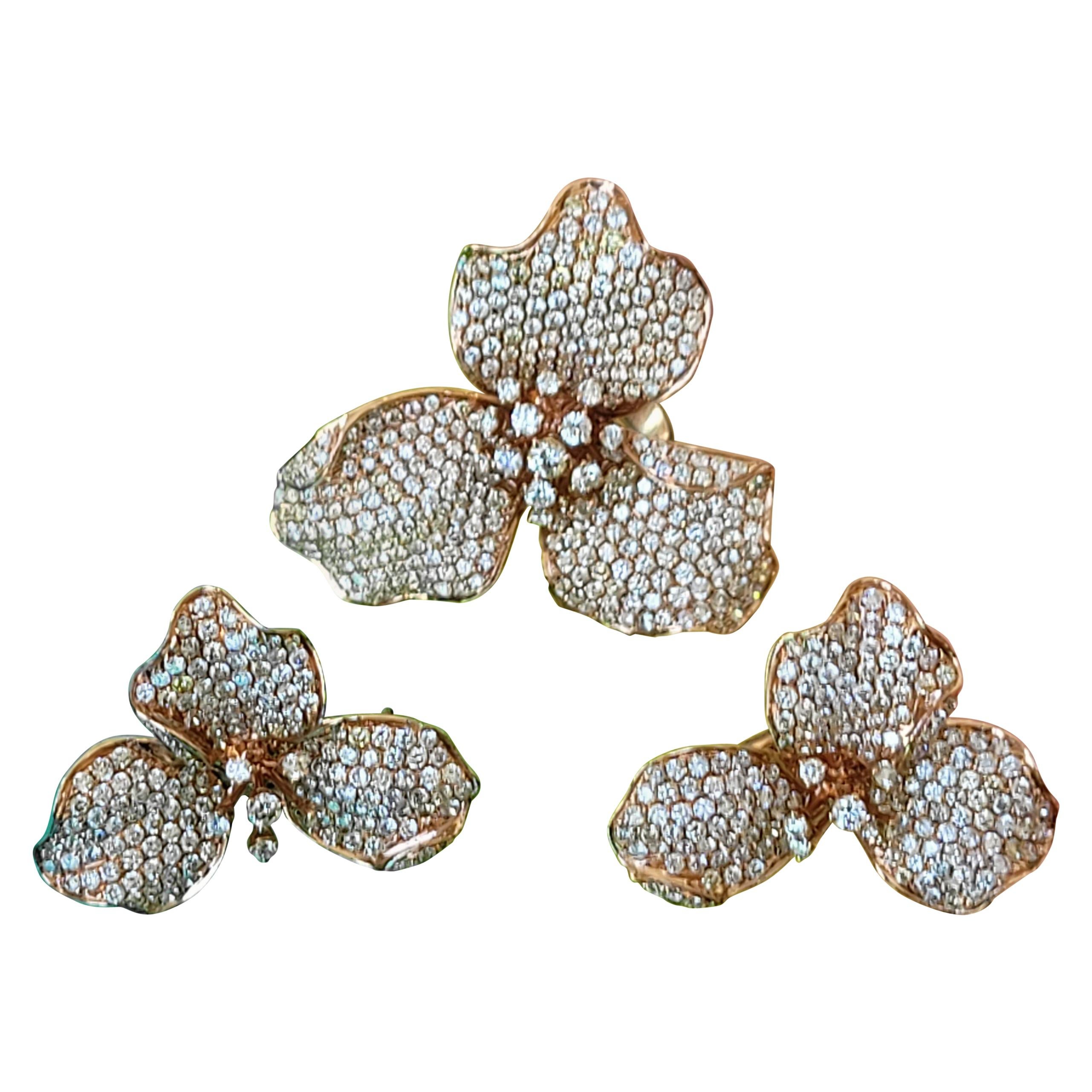 Orchid 18K Rose Gold Earrings with White and Fancy Diamonds, Unique Technique