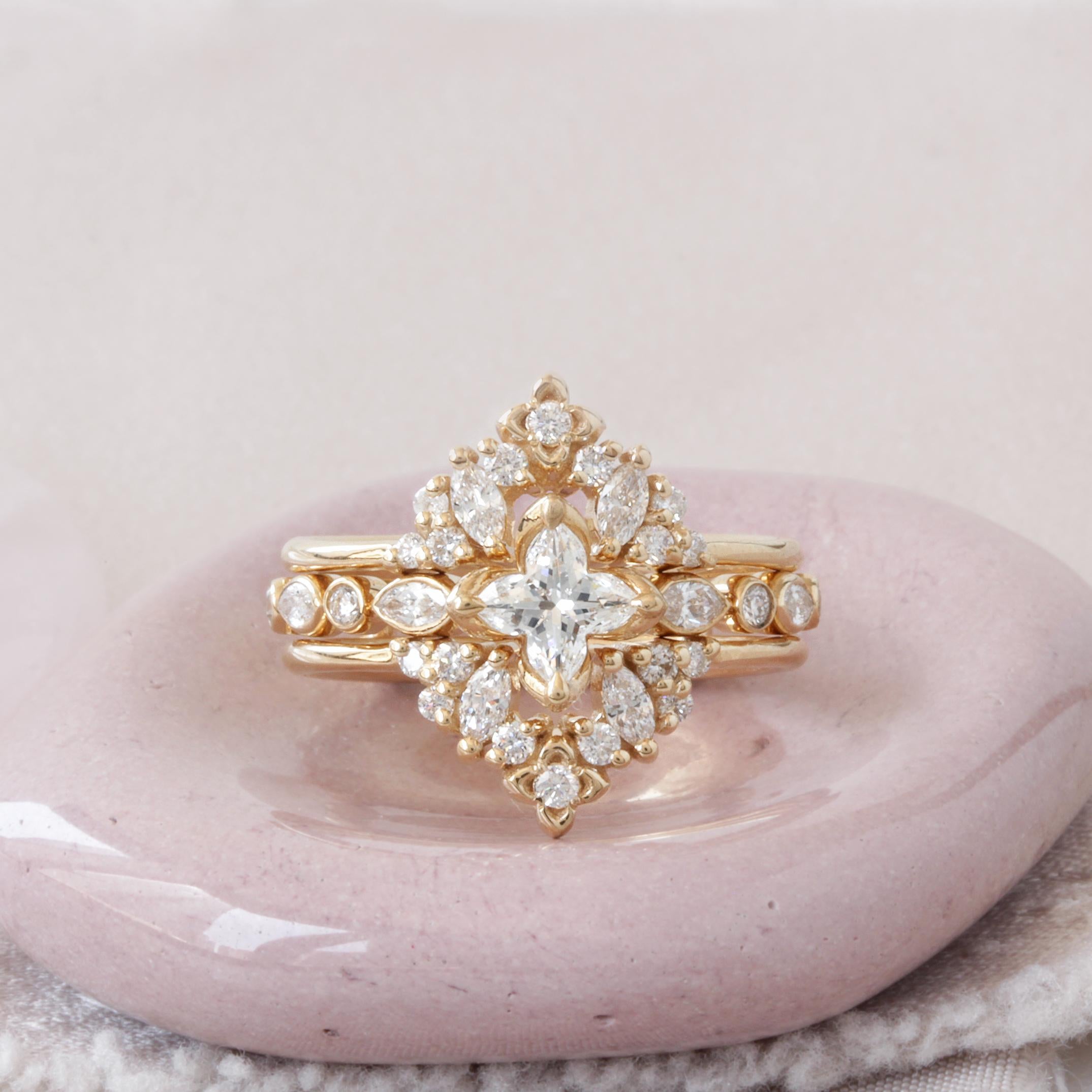 Mixed Cut Orchid Cut Flower Star Rare Engagement Ring with Ring Guard For Sale