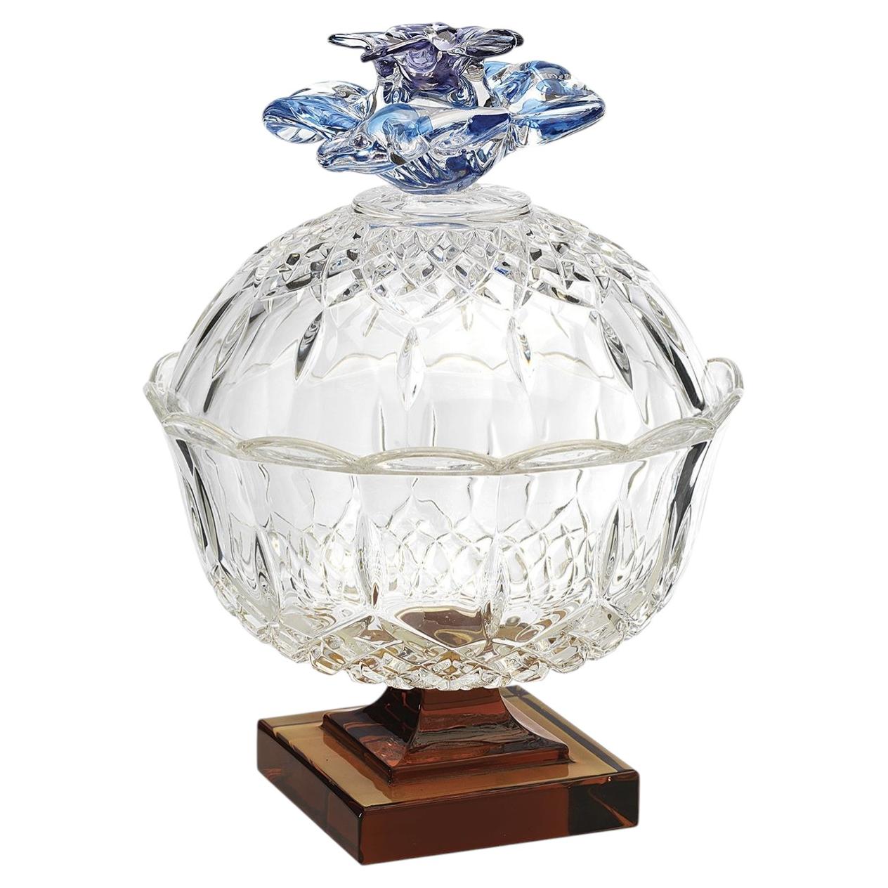 Orchid Dark Amber Crystal Base and Blue Glass Knob Box For Sale
