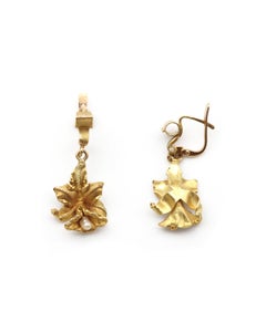 Orchid earrings vintage 18k gold pearls flowers pendants, vintage earrings