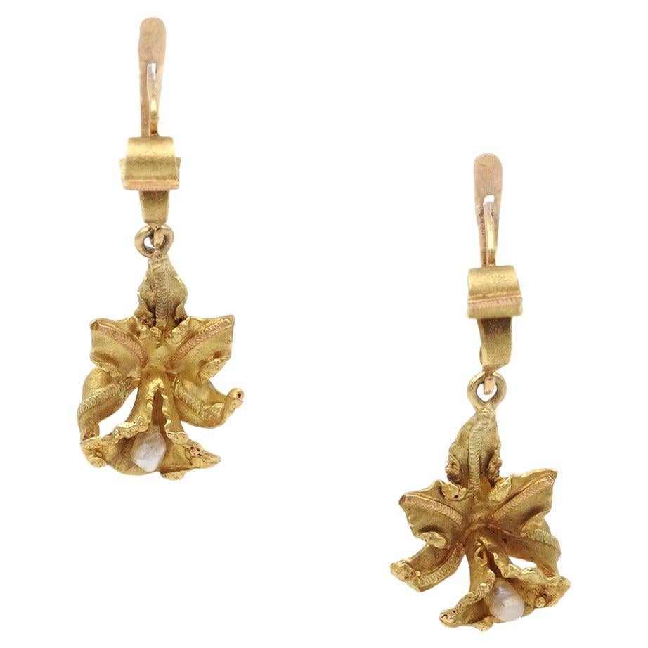 Orecchini Orchidea vintage in oro 18k perle fiori pendenti, orecchini vintage