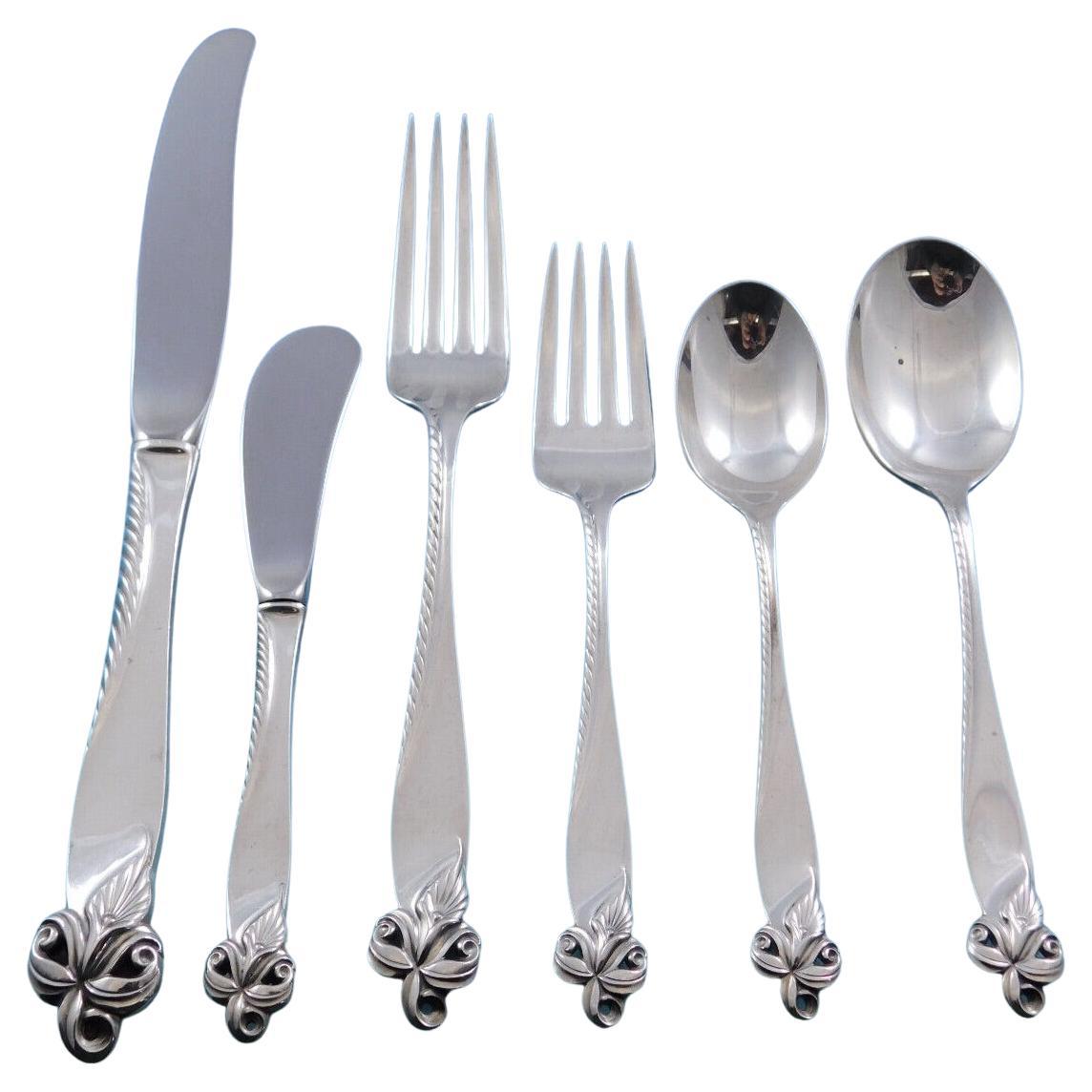 Orchid Elegance by Wallace Sterling Silver Flatware Set Service 72 Pcs Dinner For Sale