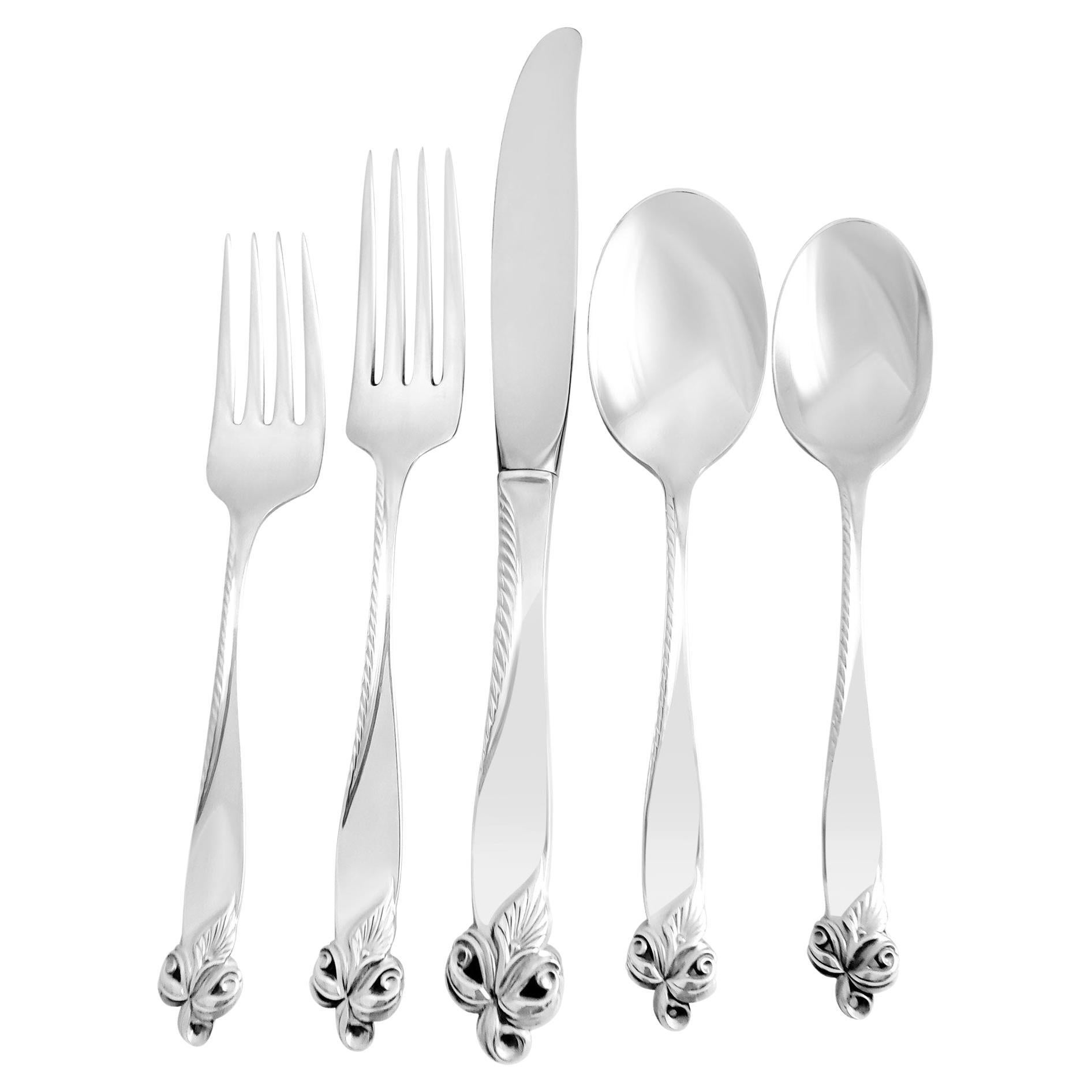 Ensemble de couverts en argent sterling d'élégance orchidée, breveté en 1956 par Wallace