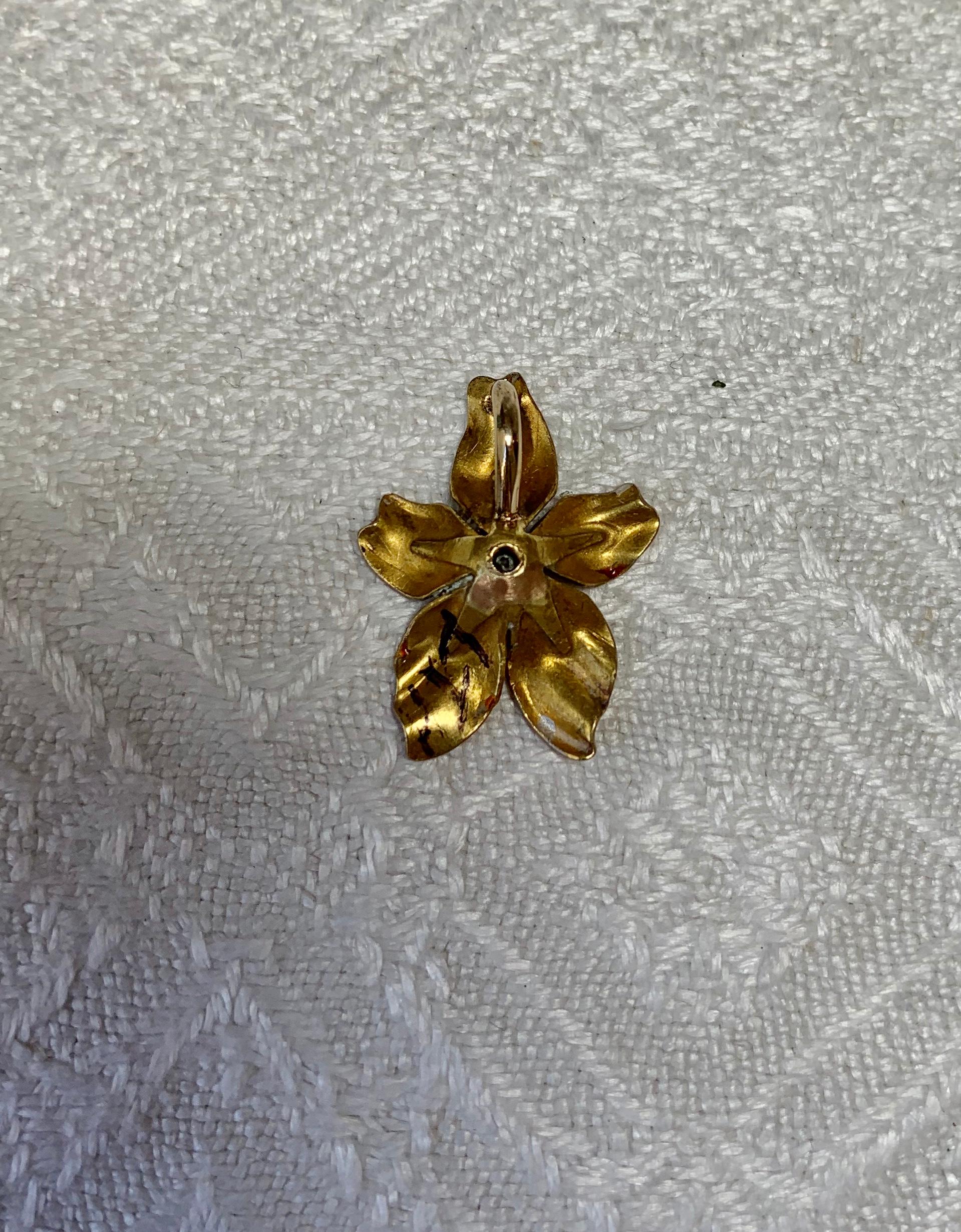 Orchid Flower Pendant OMC Diamond Enamel Charm 14K Gold Victorian Art Nouveau For Sale 5