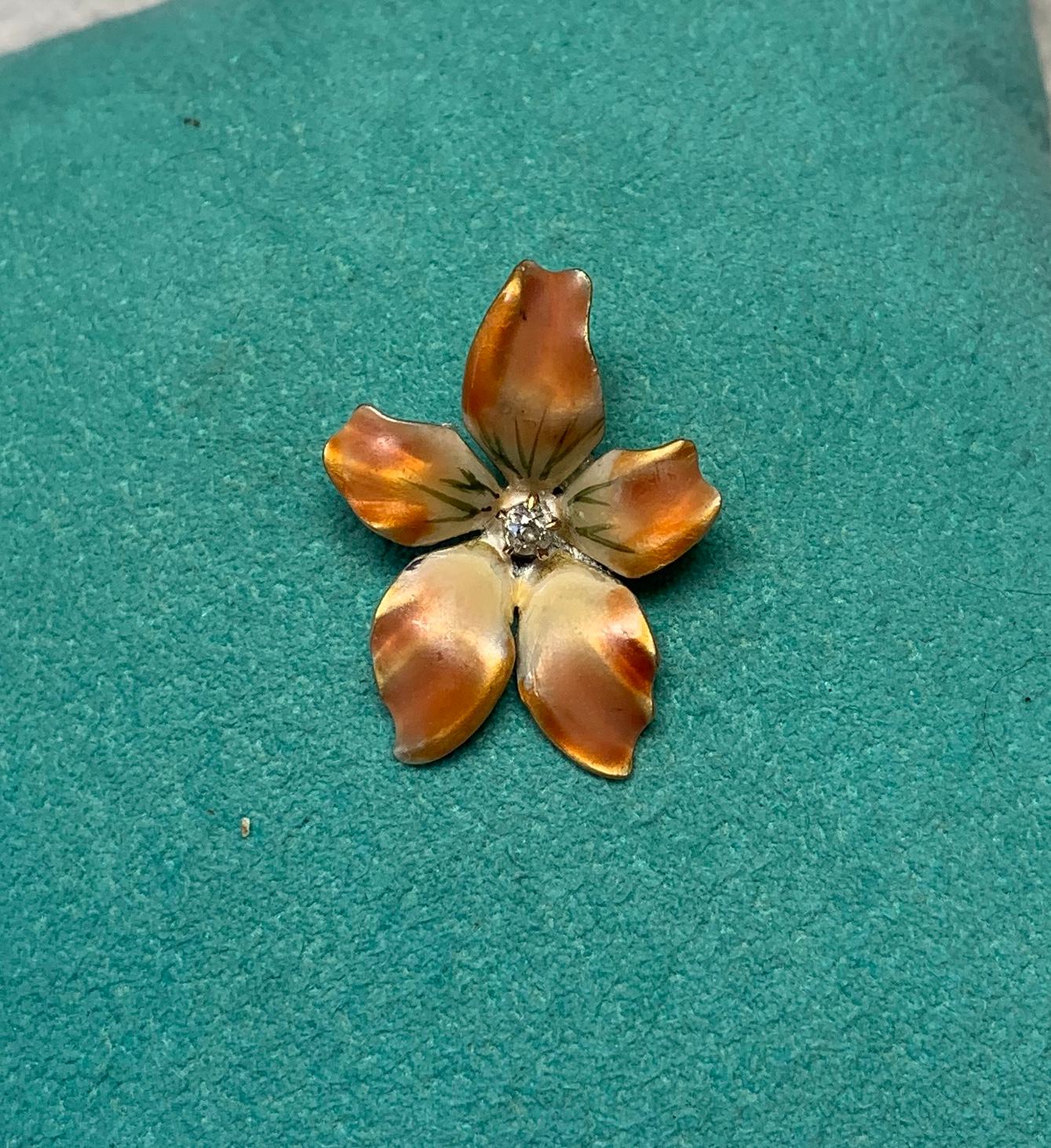 Old Mine Cut Orchid Flower Pendant OMC Diamond Enamel Charm 14K Gold Victorian Art Nouveau For Sale