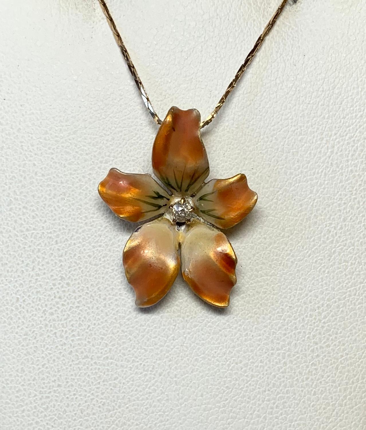 Orchid Flower Pendant OMC Diamond Enamel Charm 14K Gold Victorian Art Nouveau In Excellent Condition For Sale In New York, NY