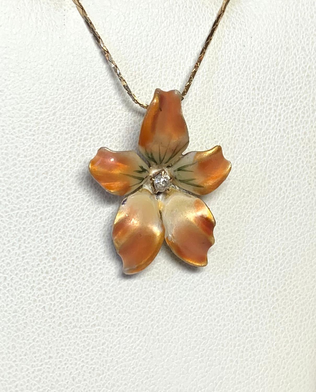 Orchid Flower Pendant OMC Diamond Enamel Charm 14K Gold Victorian Art Nouveau For Sale 1