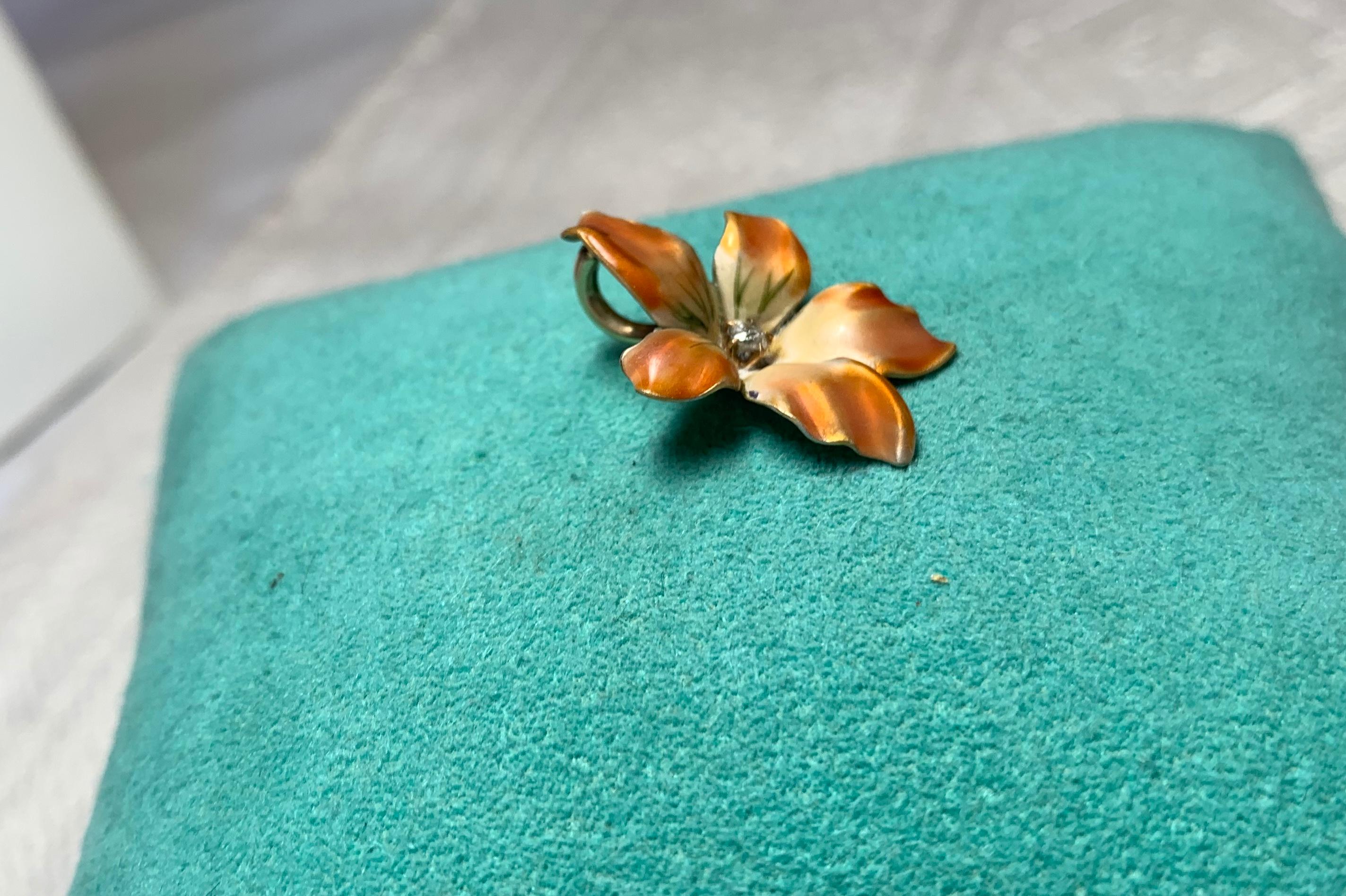 Orchid Flower Pendant OMC Diamond Enamel Charm 14K Gold Victorian Art Nouveau For Sale 3
