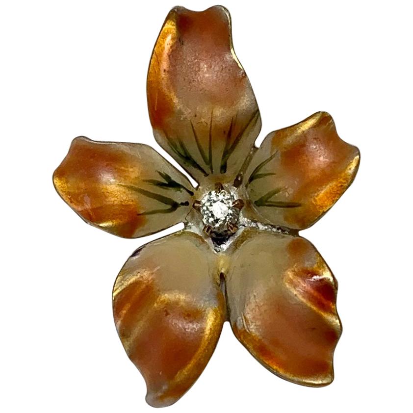 Orchid Flower Pendant OMC Diamond Enamel Charm 14K Gold Victorian Art Nouveau