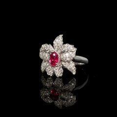 Orchid Ring, 18 Karat White Gold, Ruby, Diamonds Ring
