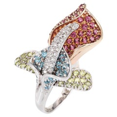 Retro Orchid Ring Diamond Colored Sapphire 18k White Gold Estate Flower Jewelry