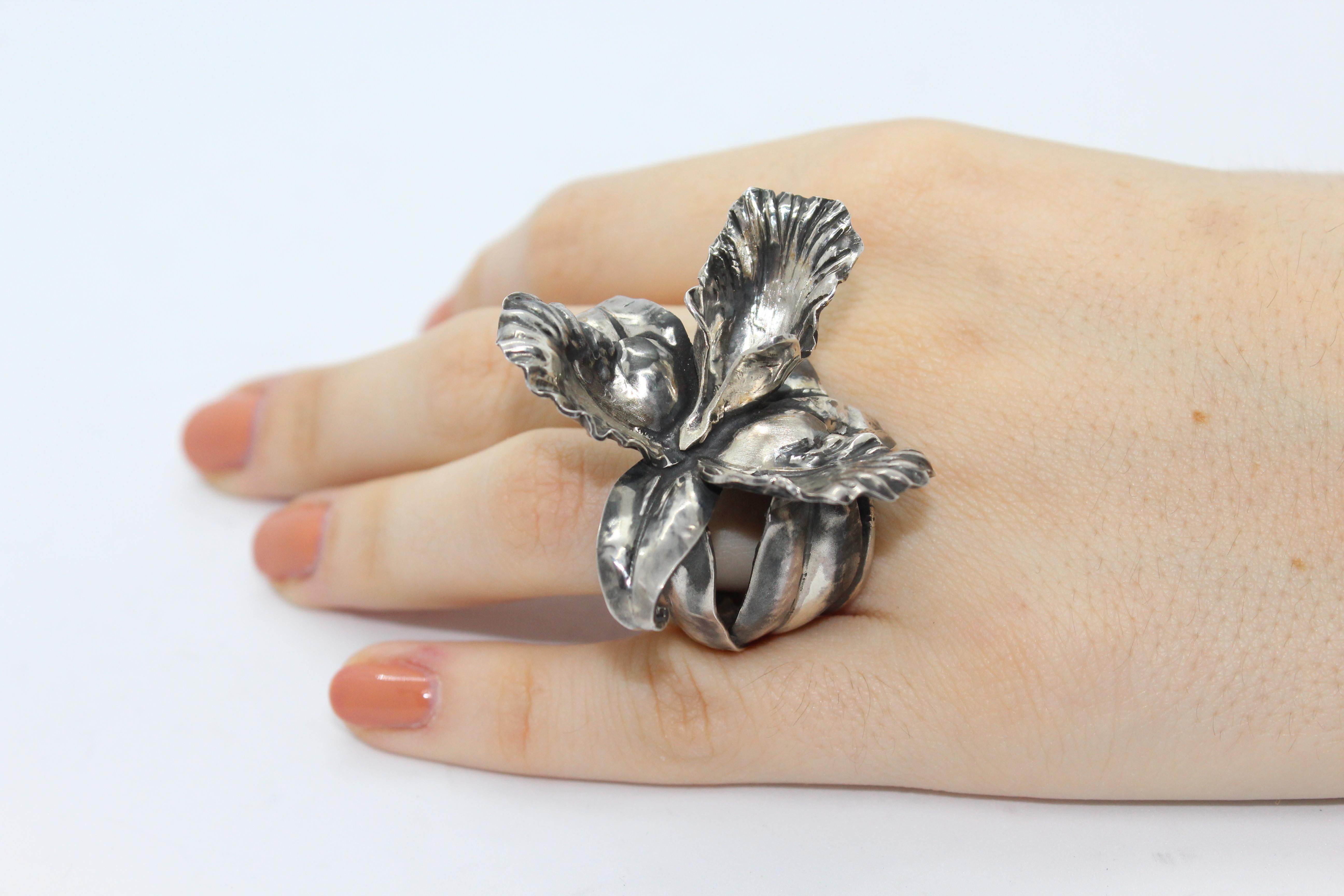 Modern Orchid Ring Sterling Silver, Handcrafted, Italy For Sale