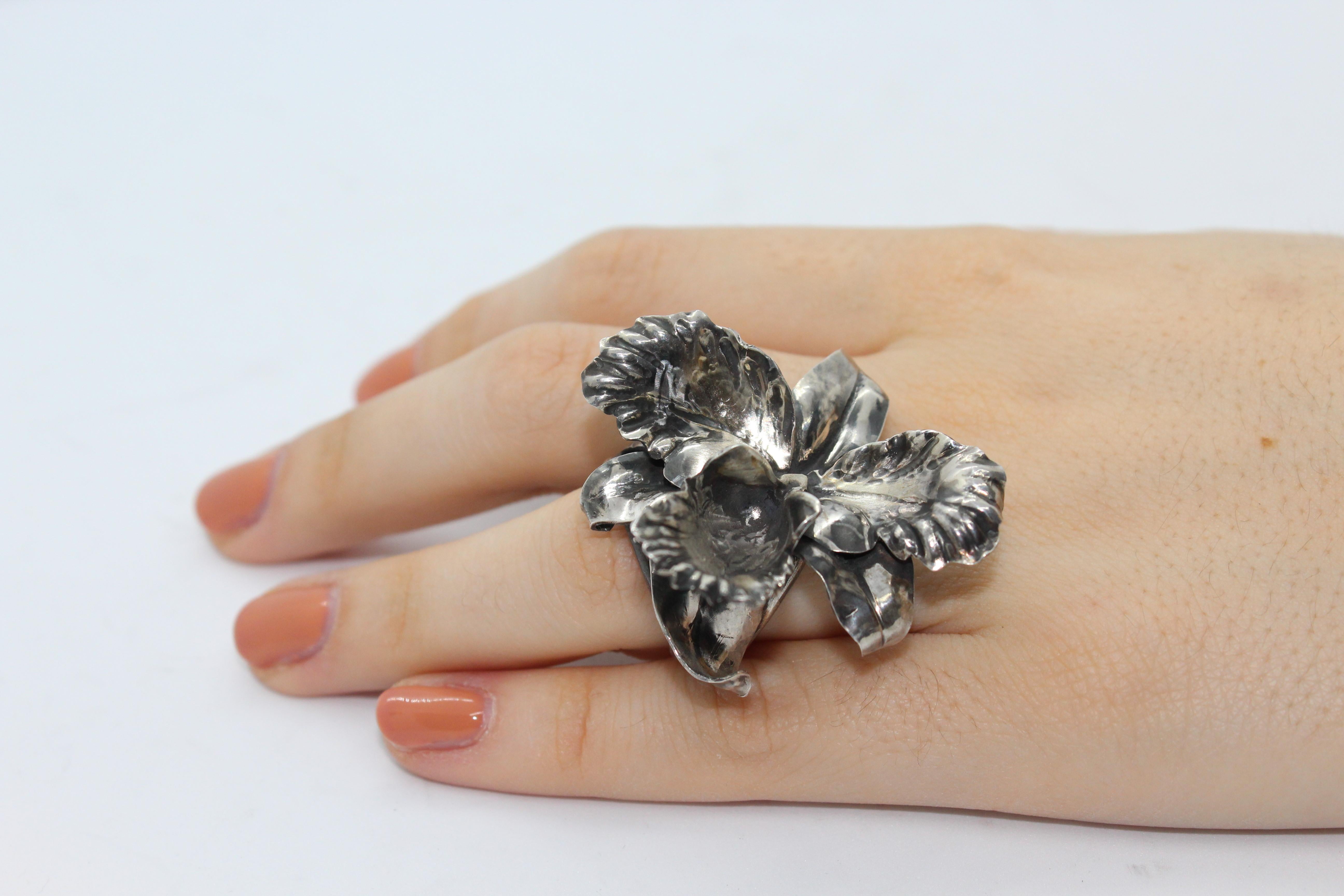 Orchid Ring Sterling Silver, Handcrafted, Italy In New Condition For Sale In Firenze, IT