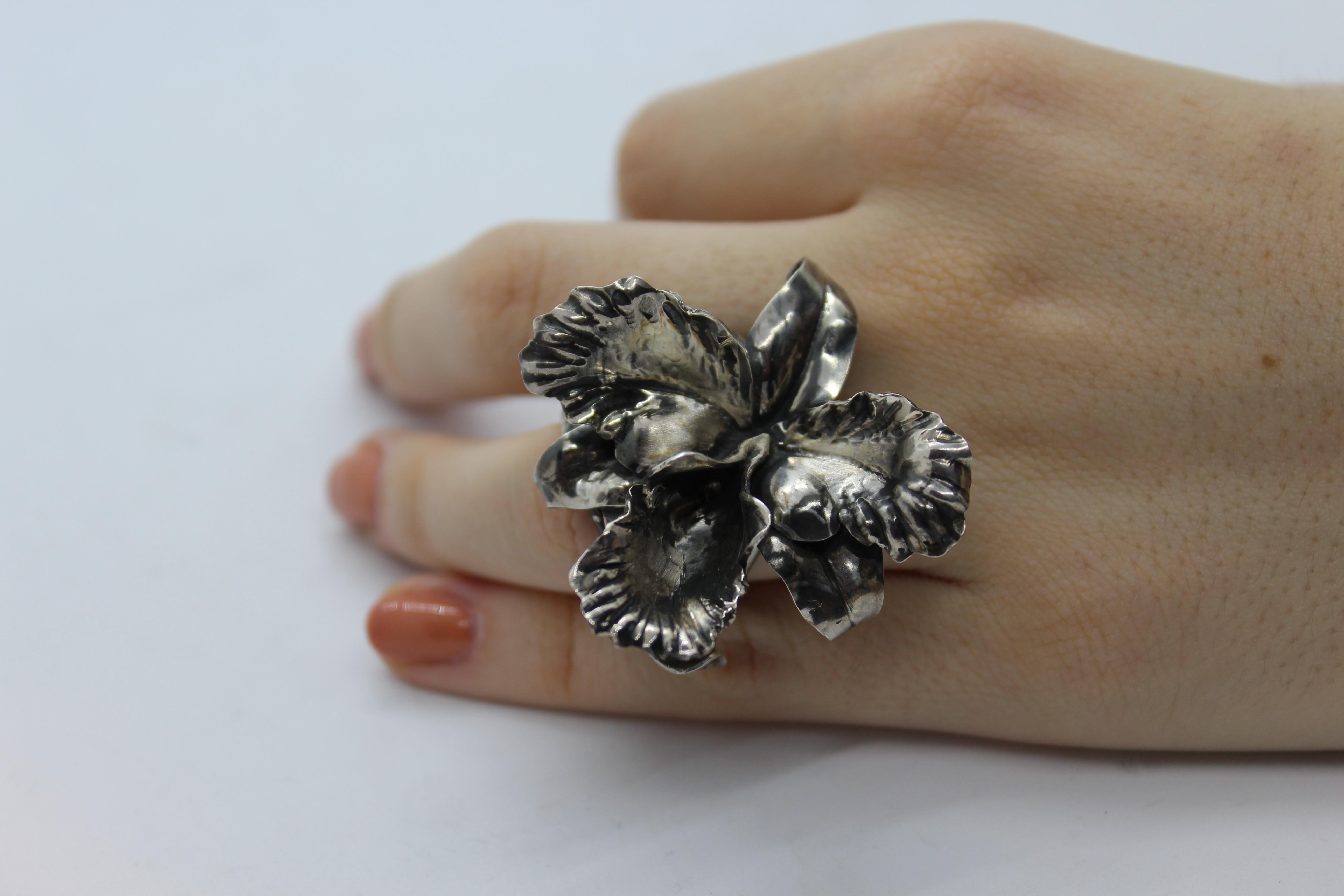 Women's Orchid Ring Sterling Silver, Handcrafted, Italy For Sale