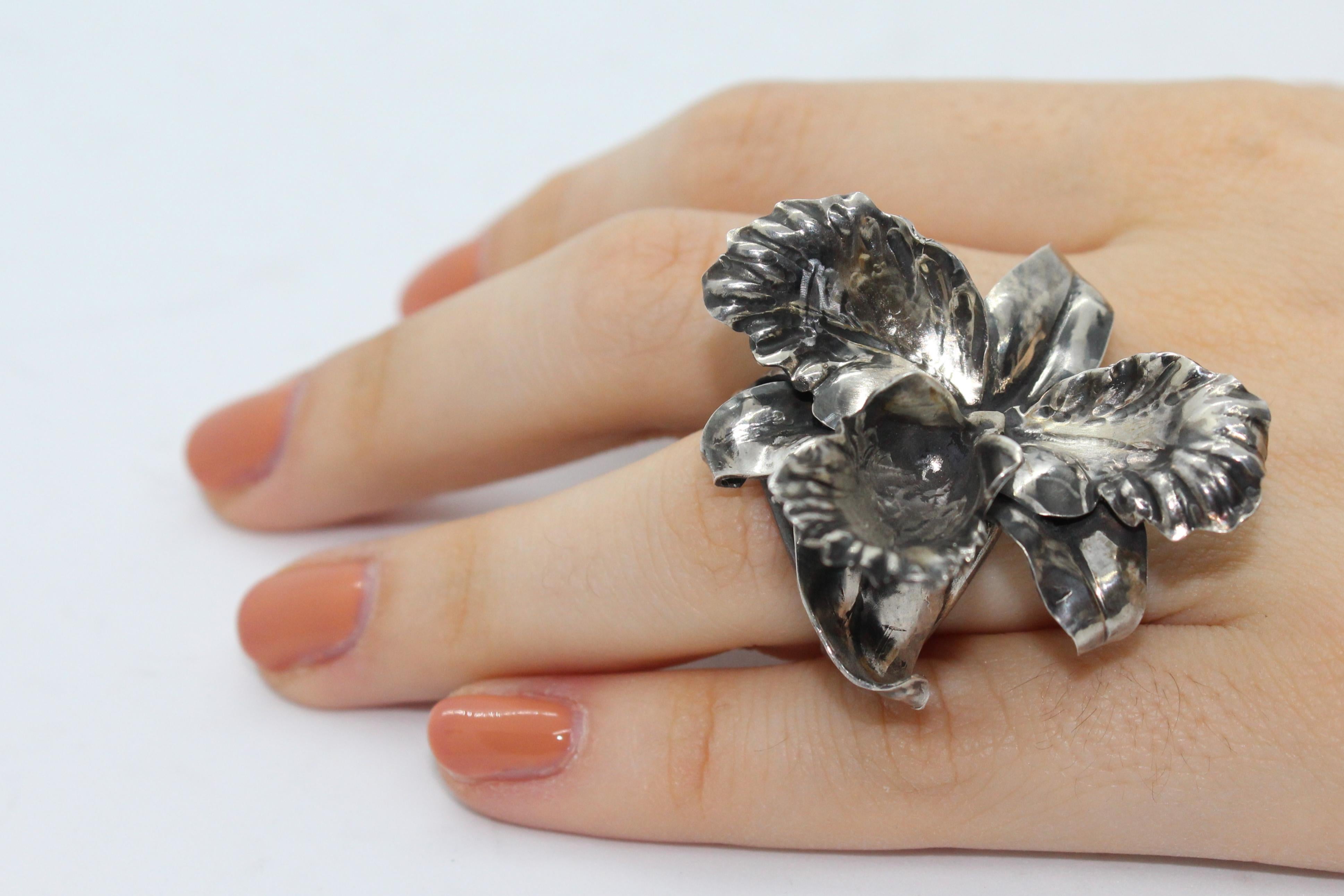 Orchid Ring Sterling Silver, Handcrafted, Italy For Sale 1