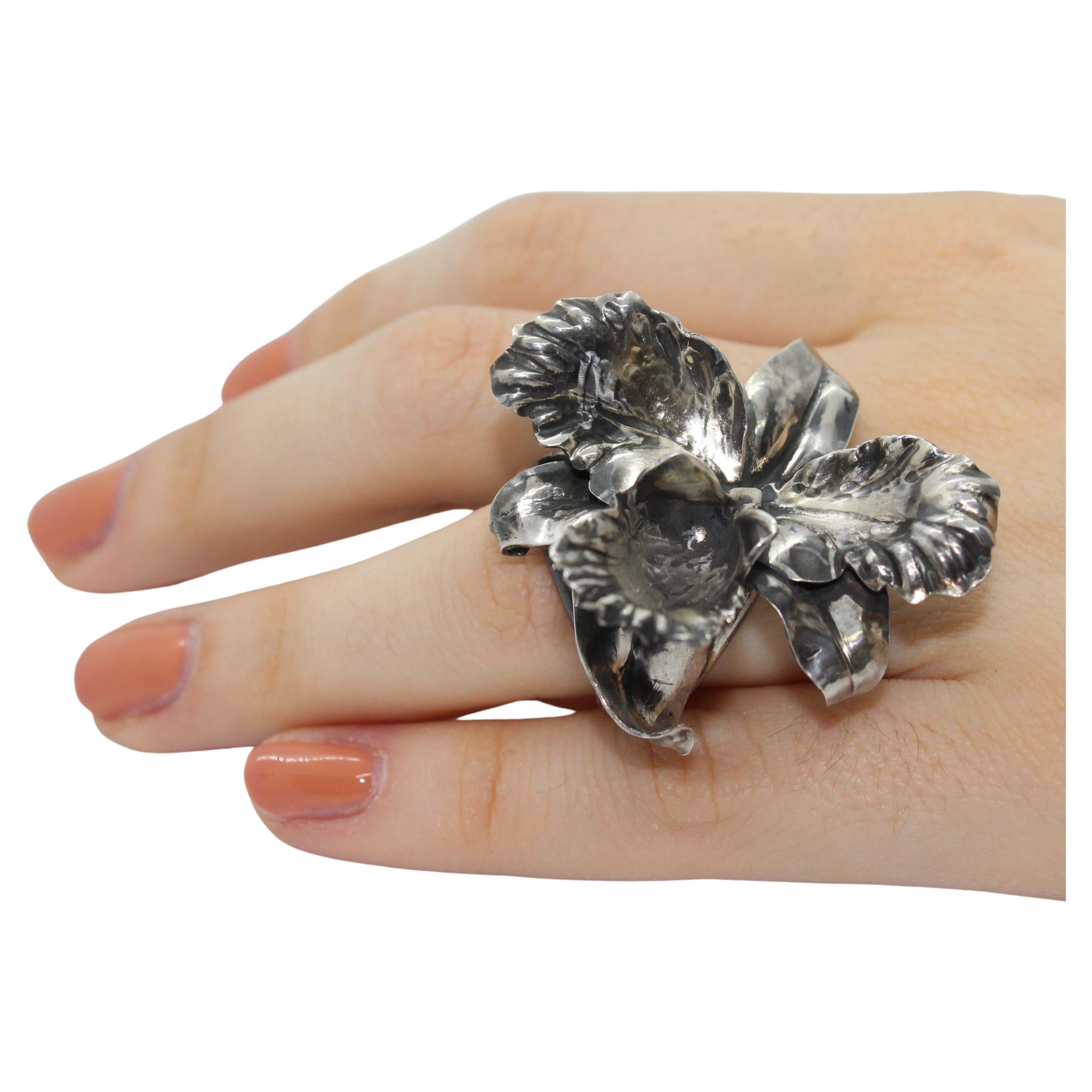 Orchid Ring Sterling Silver, Handcrafted, Italy For Sale