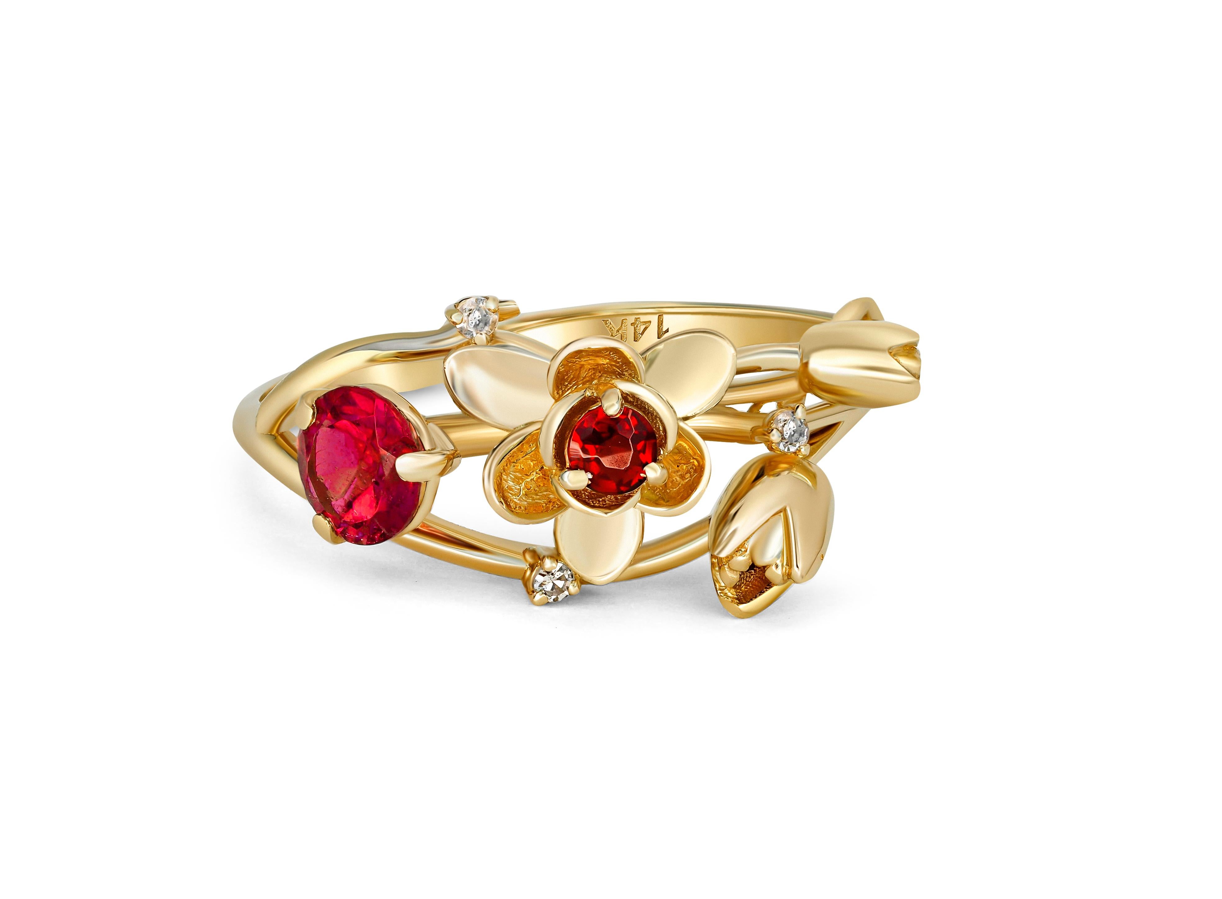 Orchid ring with ruby. 
Round ruby 14k gold ring. Flower ruby ring. Gold branch ring. July birthstone ring. Gold leaves ring. Gold ruby ring.

Metal type: Gold
Metal stamp: 14k Gold
Weight: 2.30 g. depends from size.

Gemstones:
Natural Ruby: round