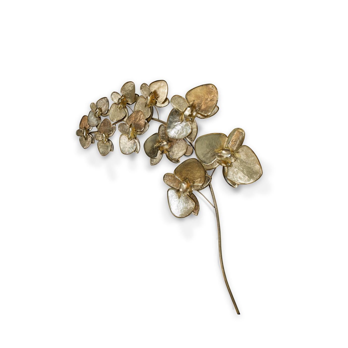 Representative of love, luxury, beauty, and strength, delicate metal orchids gracefully curve across the artisanal Orchidea Sculpture. Each orchid bloom is carefully hammered by hand creating intricate detailing and an overall stunning exotic work