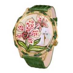 Orologio Orchidee Micromosaic in oro giallo 18K con diamanti, smeraldi e zaffiri