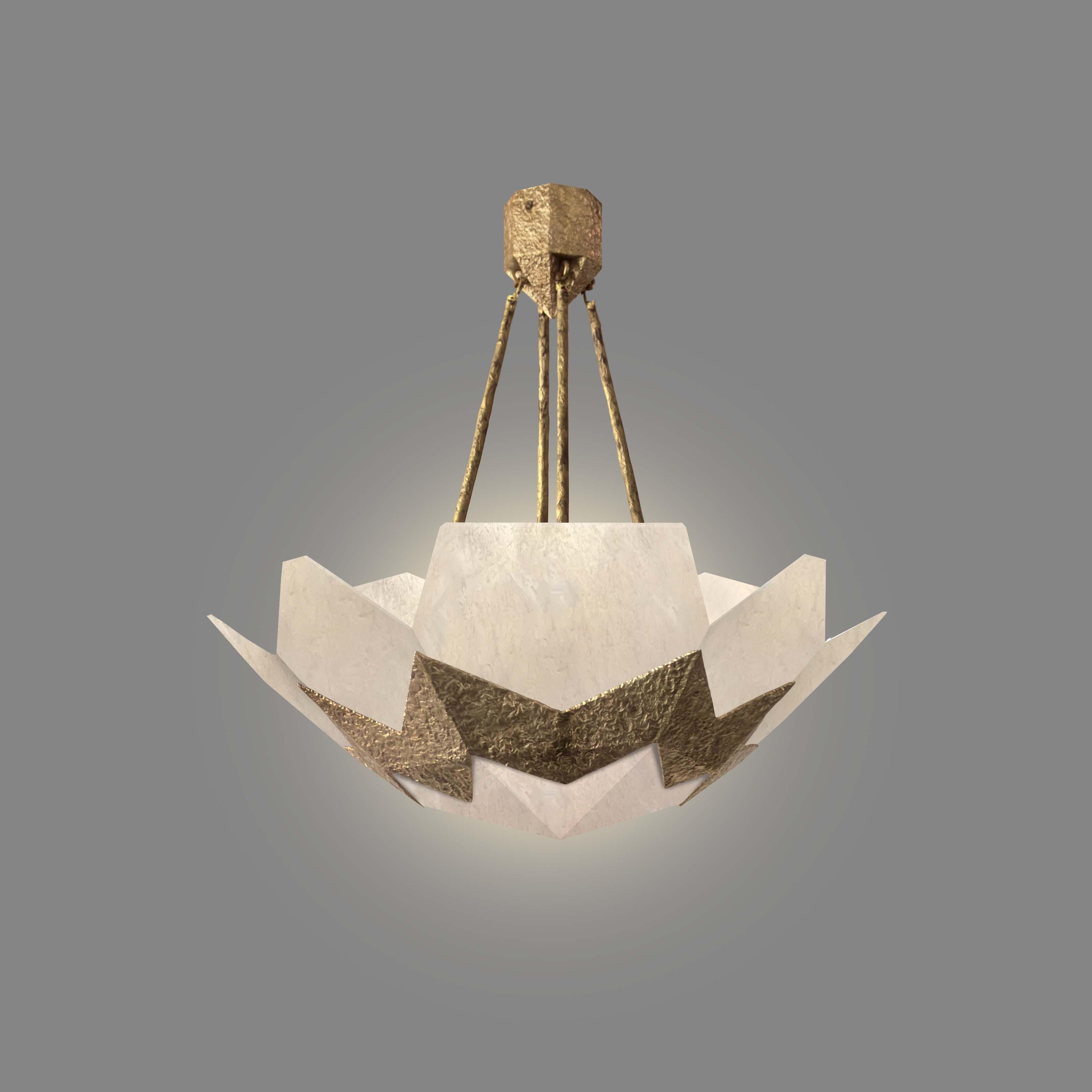 Rock Crystal chandelier with hammered brass mount.
Four E26 sockets installed,320w total.

Approximate weight 90 lb

Created by Phoenix 

Custom size and metal finish upon request.