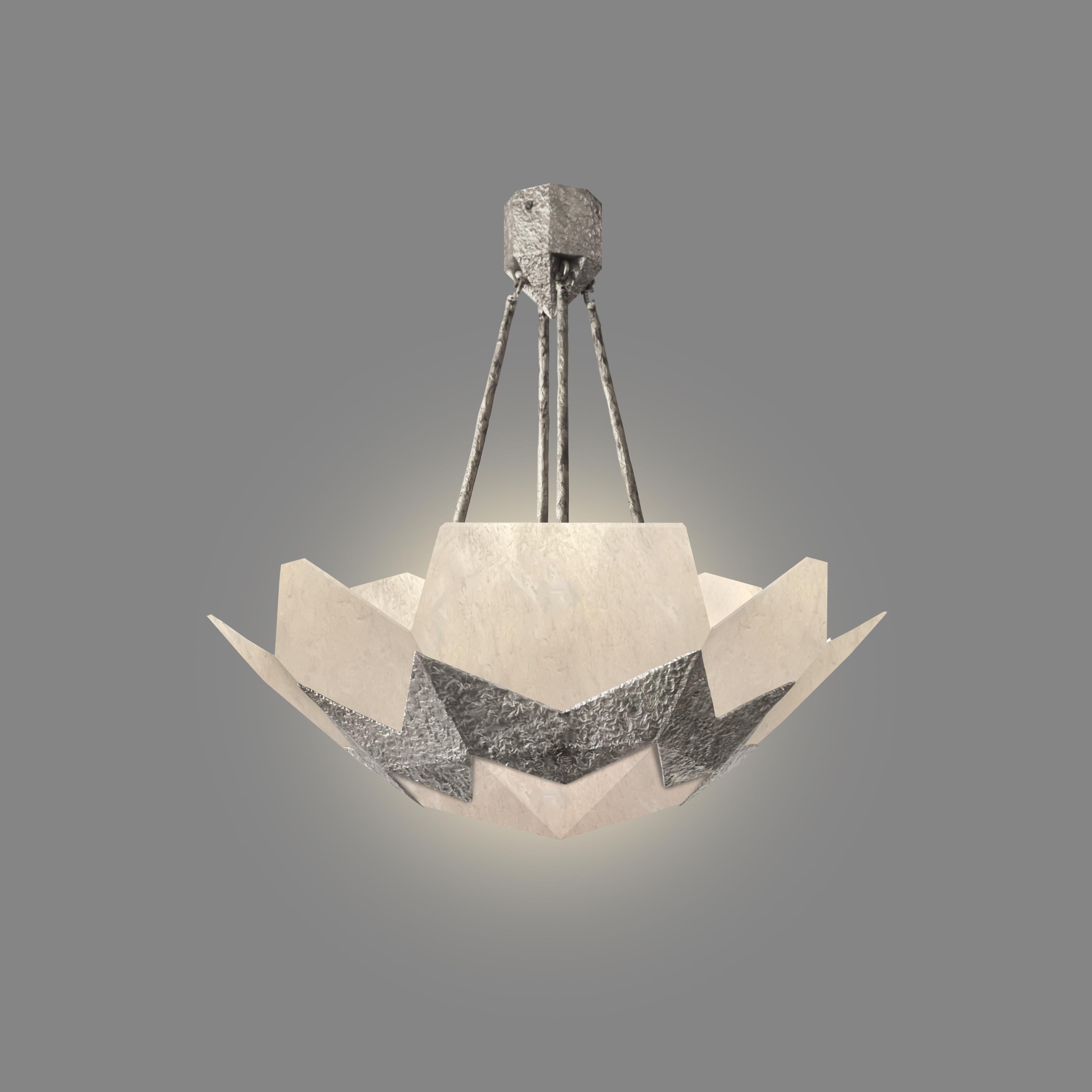 Rock Crystal chandelier with hammered brass mount.
Polished nickel finish.
Four E26 sockets installed,320w total.

Approximate weight 90 lb

Created by Phoenix 

Custom size and metal finish upon request.