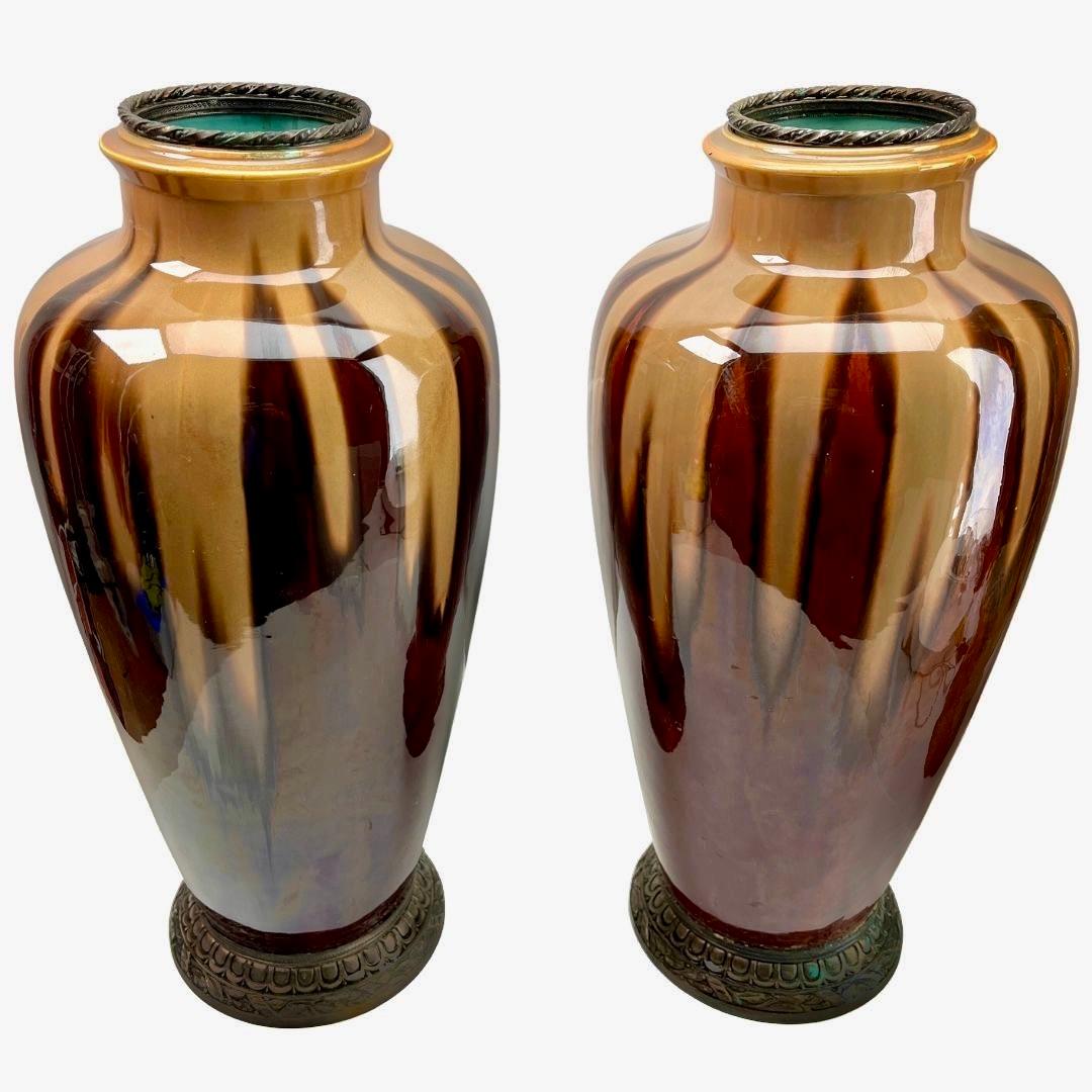 Brilliant handmade hand-glazed Orchies France Art Nouveau pair of  Vases, 1930.

Handmade and hand-glazed in brilliant colored details.
Made in France
Art Nouveau period 1930 fine quality.

The pieces are in Good condition and a real
