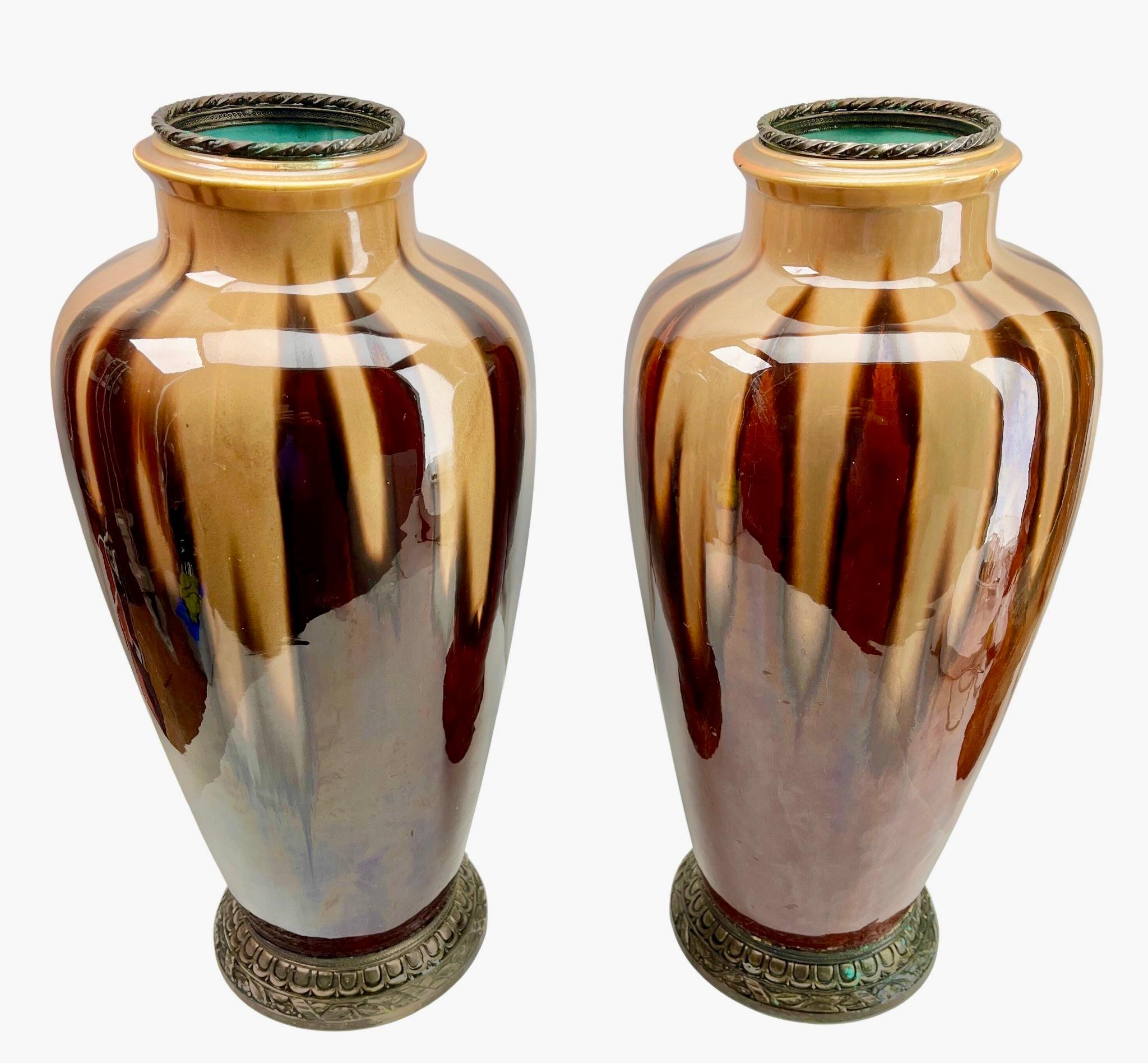 Orchies France Art Nouveau pair of  Vases with Metal Mount, 1930s In Good Condition For Sale In Verviers, BE