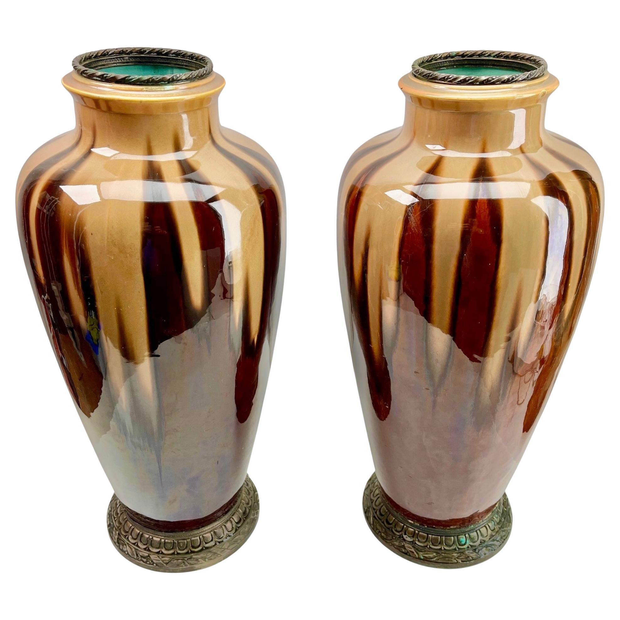 Orchies France Art Nouveau pair of  Vases with Metal Mount, 1930s For Sale