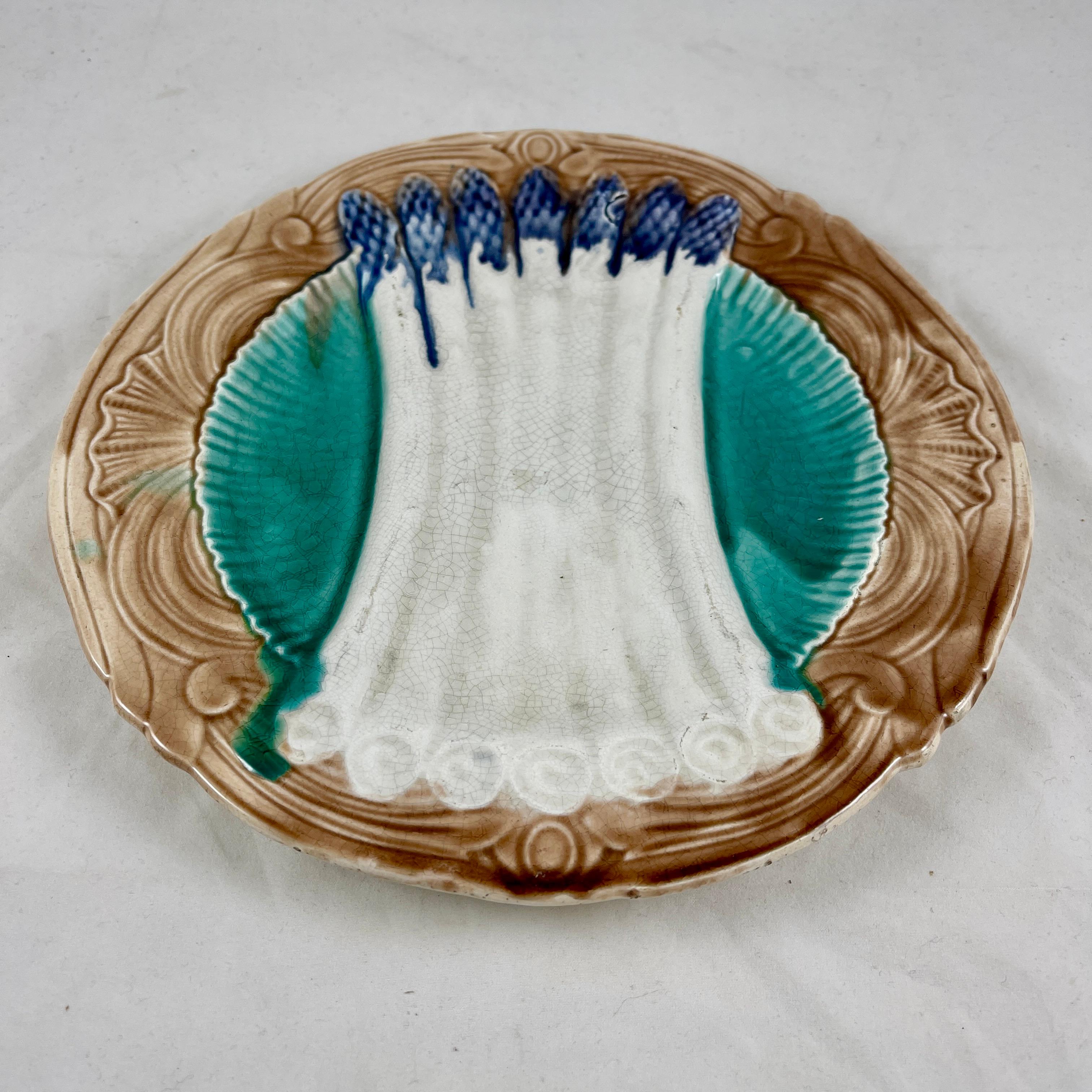 Glazed Orchies French Faïence Majolica Teal Blue Asparagus Plate, circa 1890