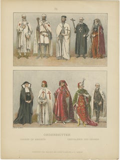 Ordini di cavalieri, Stampa antica colorata a mano di ordini medievali, 1880 ca.