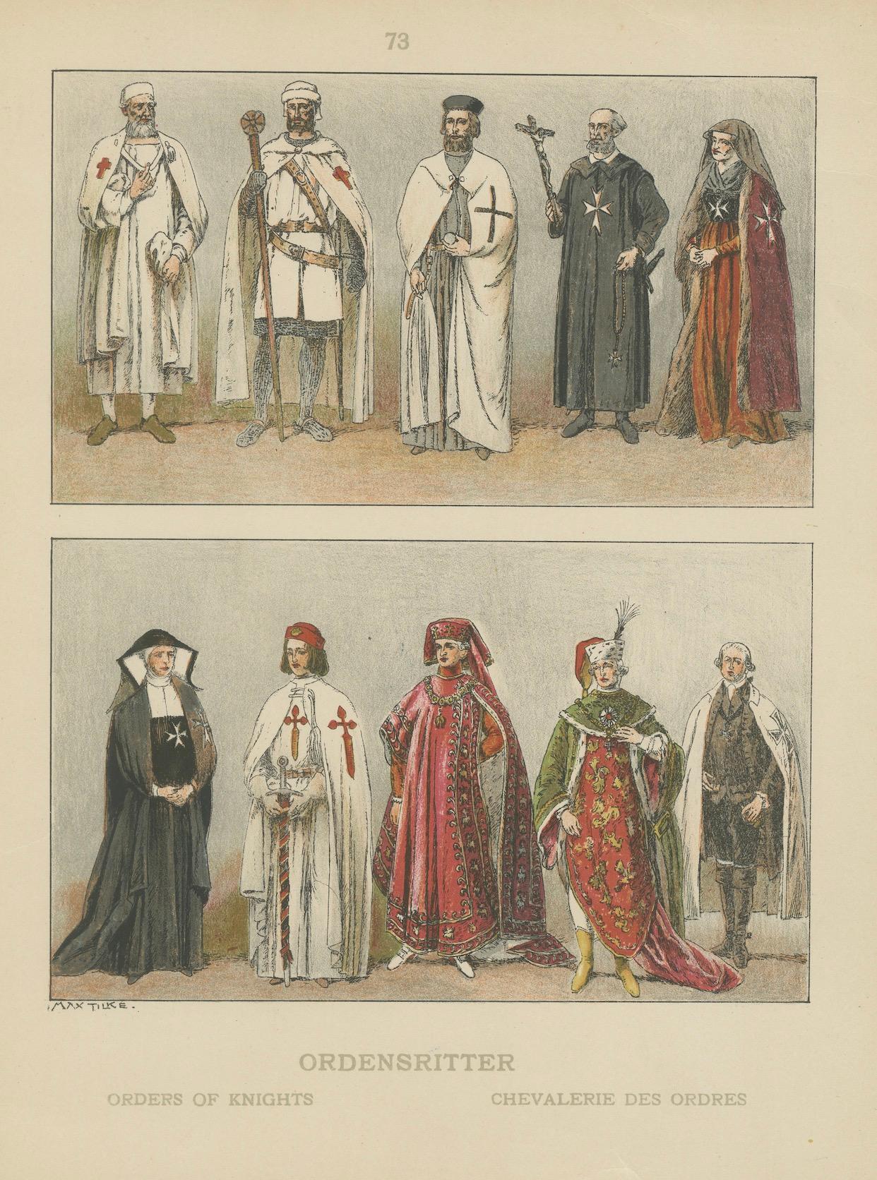 Orders of Knights, Antique Hand-Colored Print of Medieval Orders c.1880