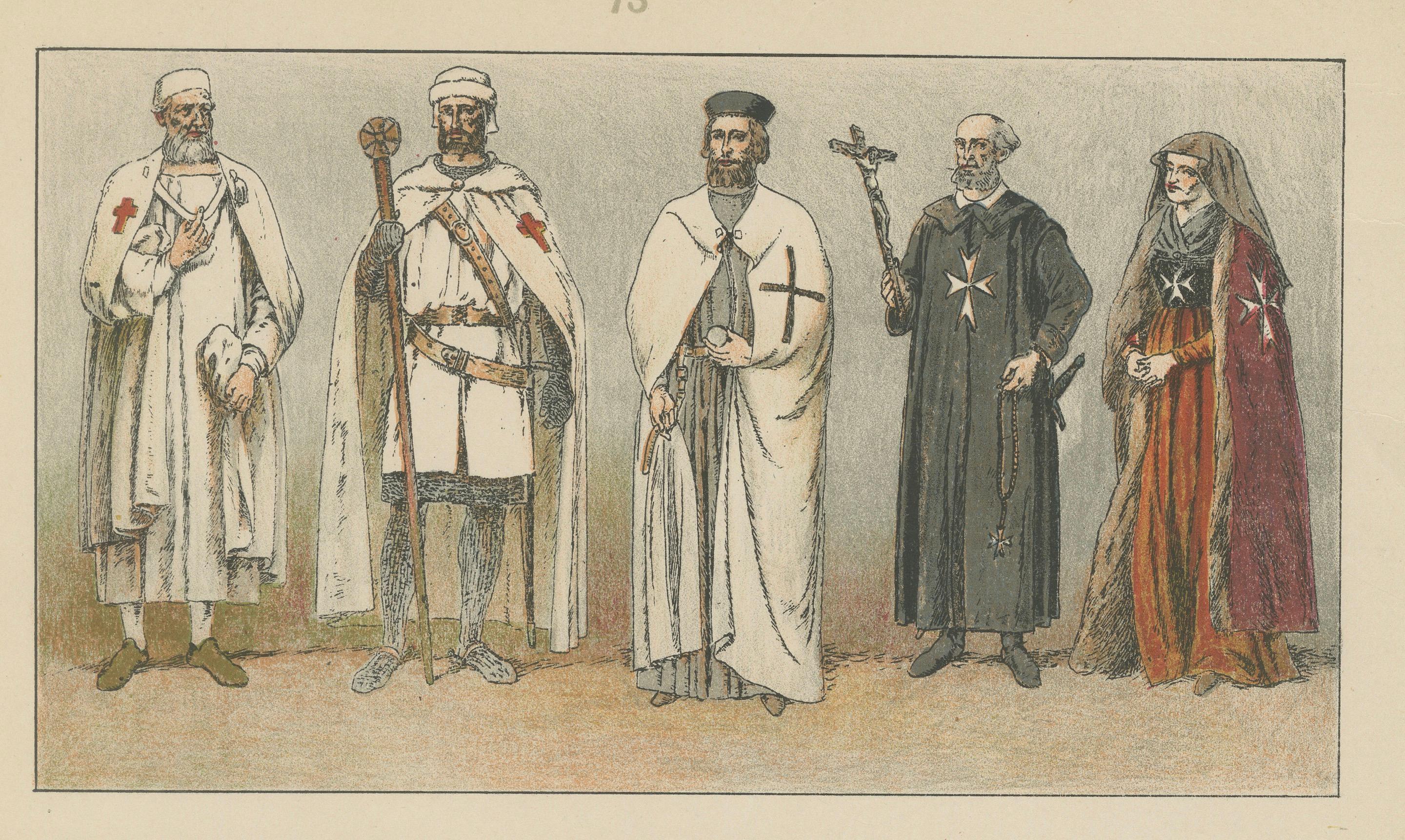 Orders of Knights, Antique Hand-Colored Print of Medieval Orders c.1880